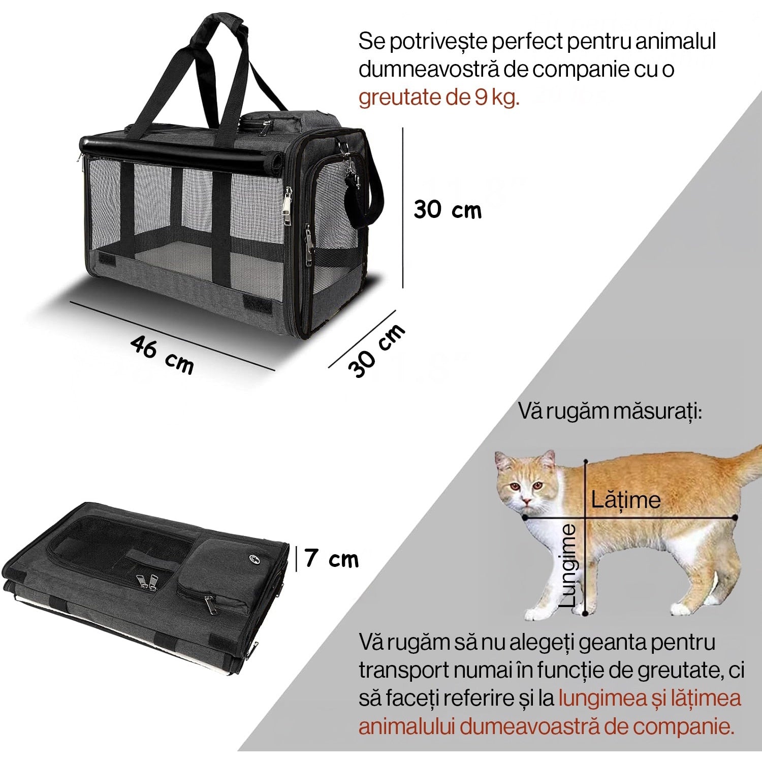 Geanta pentru transport animale mici NextWave®, pisica, caine, iepure, din panza, 46x30x30, Baza rezistenta cu covoras, Usor – imaginea 3