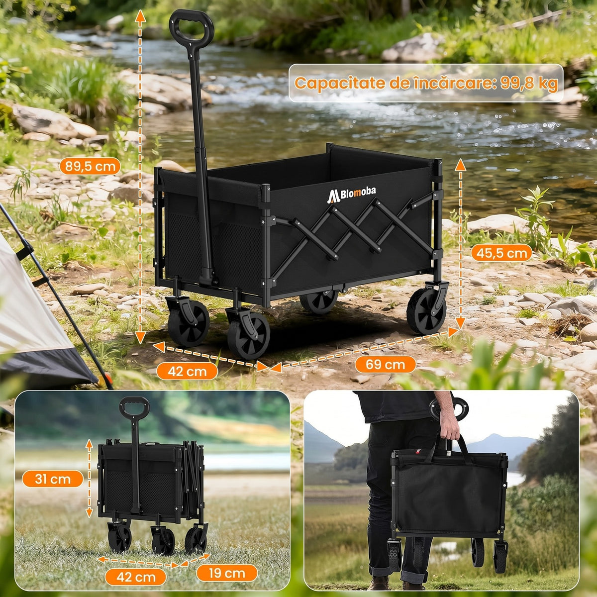 Cărucior pliabil utilitar NextWave®️, capacitate mare de încărcare 99,8 kg, roți pivotante la 360° pentru orice teren, mâner – imaginea 3