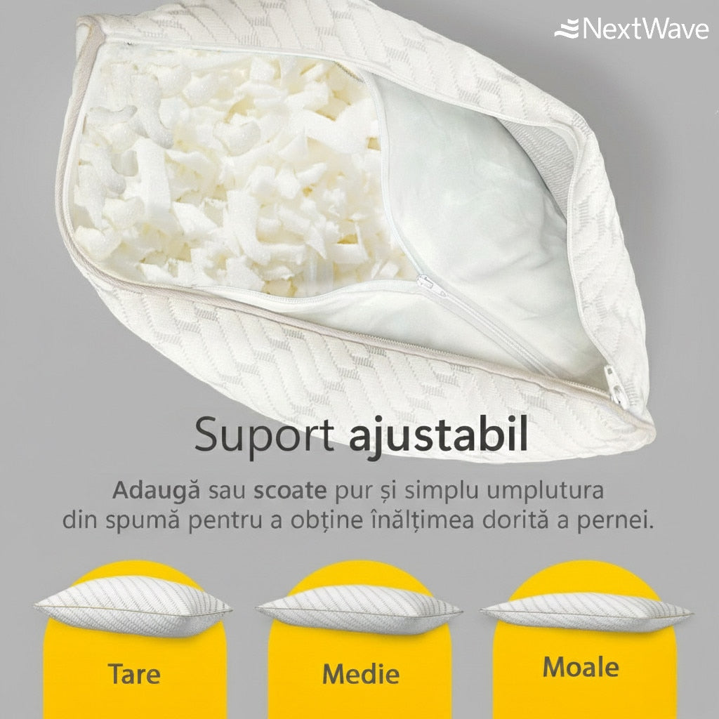 Perna ortopedica pentru dormit ajustabila NextWave®️, Spuma cu Memorie Maruntita pentru Gat si Suport Cervical, 2 Zone de – imaginea 3