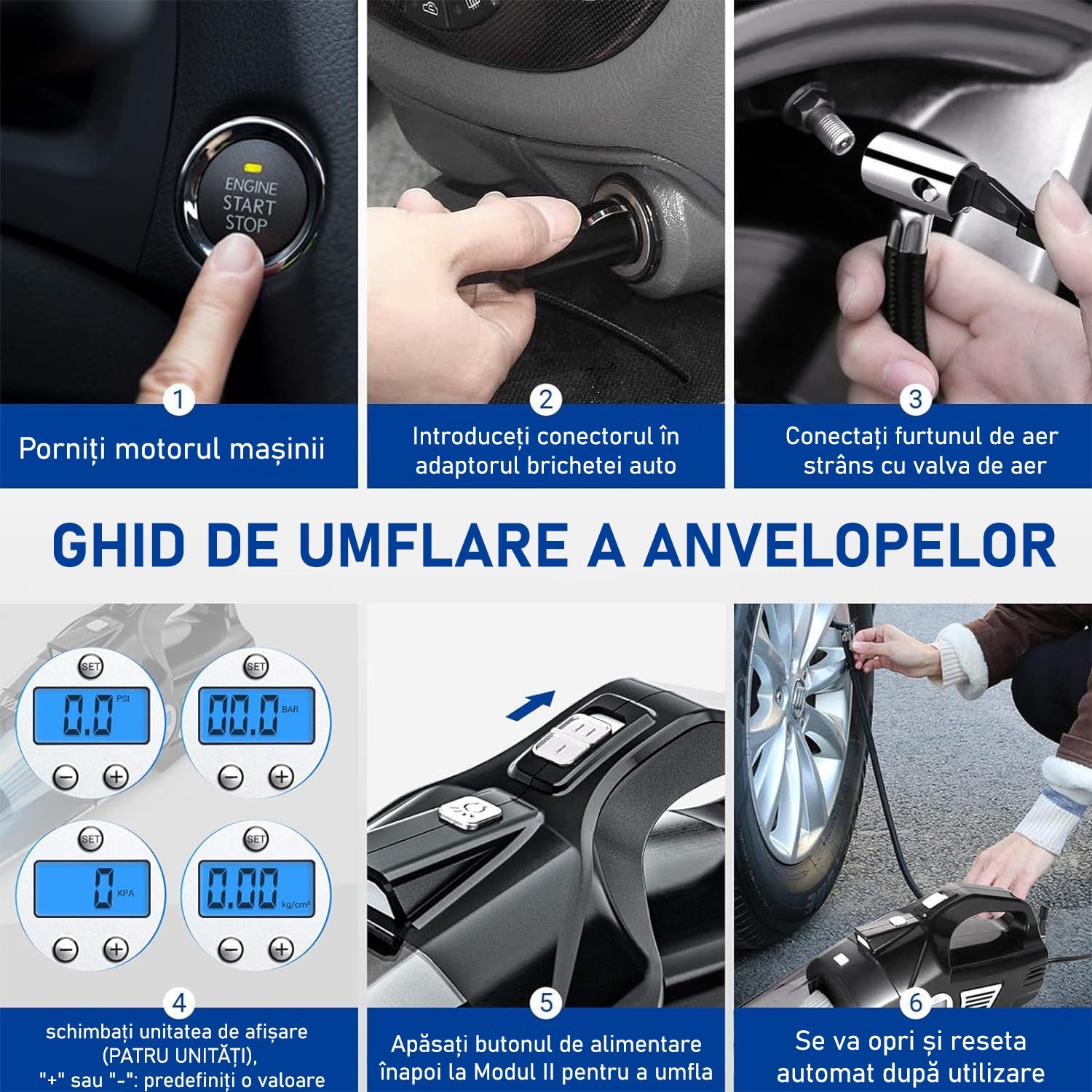 Aspirator Auto si Compresor Portabil Multifunctional cu Acumulator, Functie de Aspirare Umeda si Uscata, Umflare Roti cu – imaginea 3
