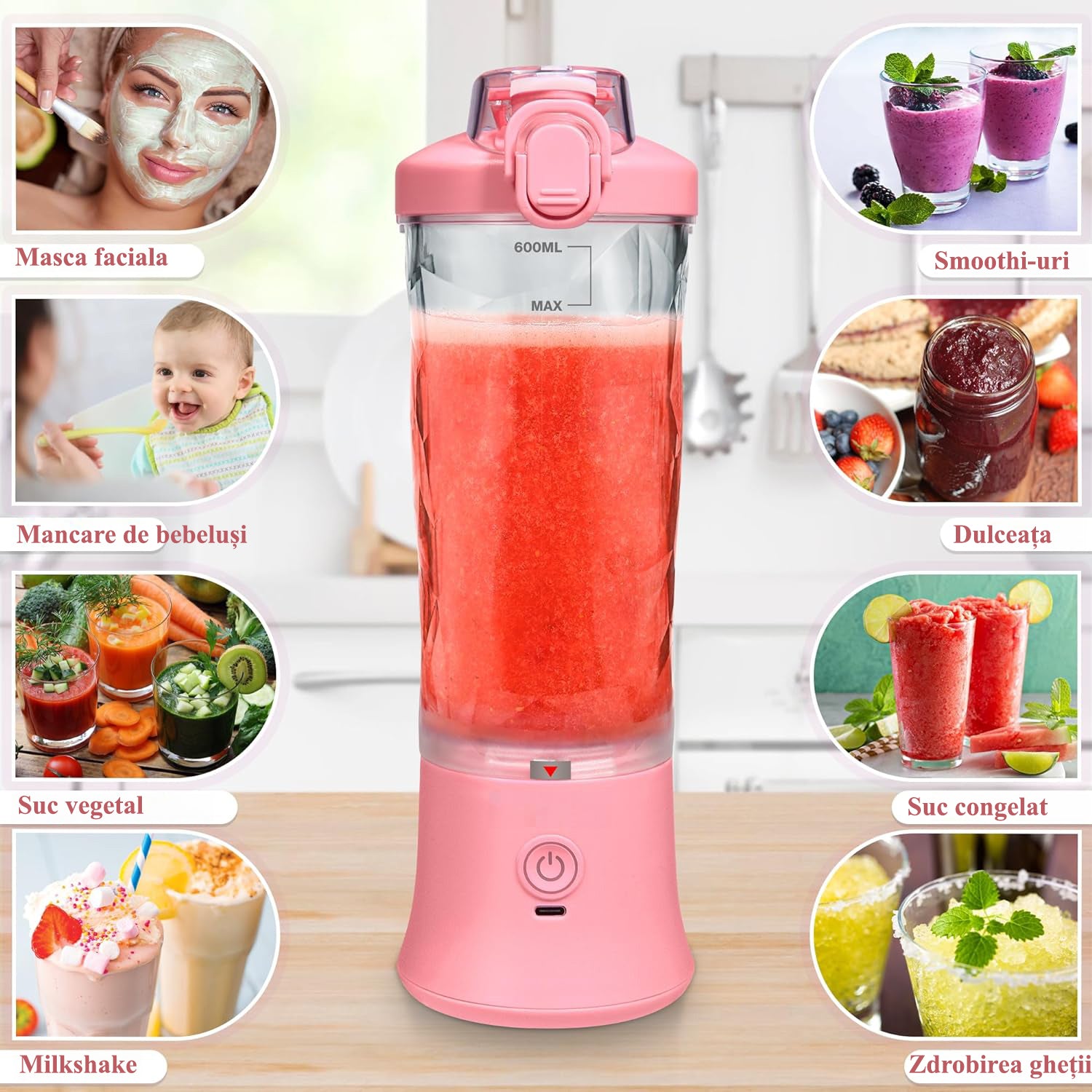 Mini Blender Electric Portabil NextWave™, Multifunctional, Auto-curatare, Autonomie Mare, Recipient detasabil cu capac – imaginea 3