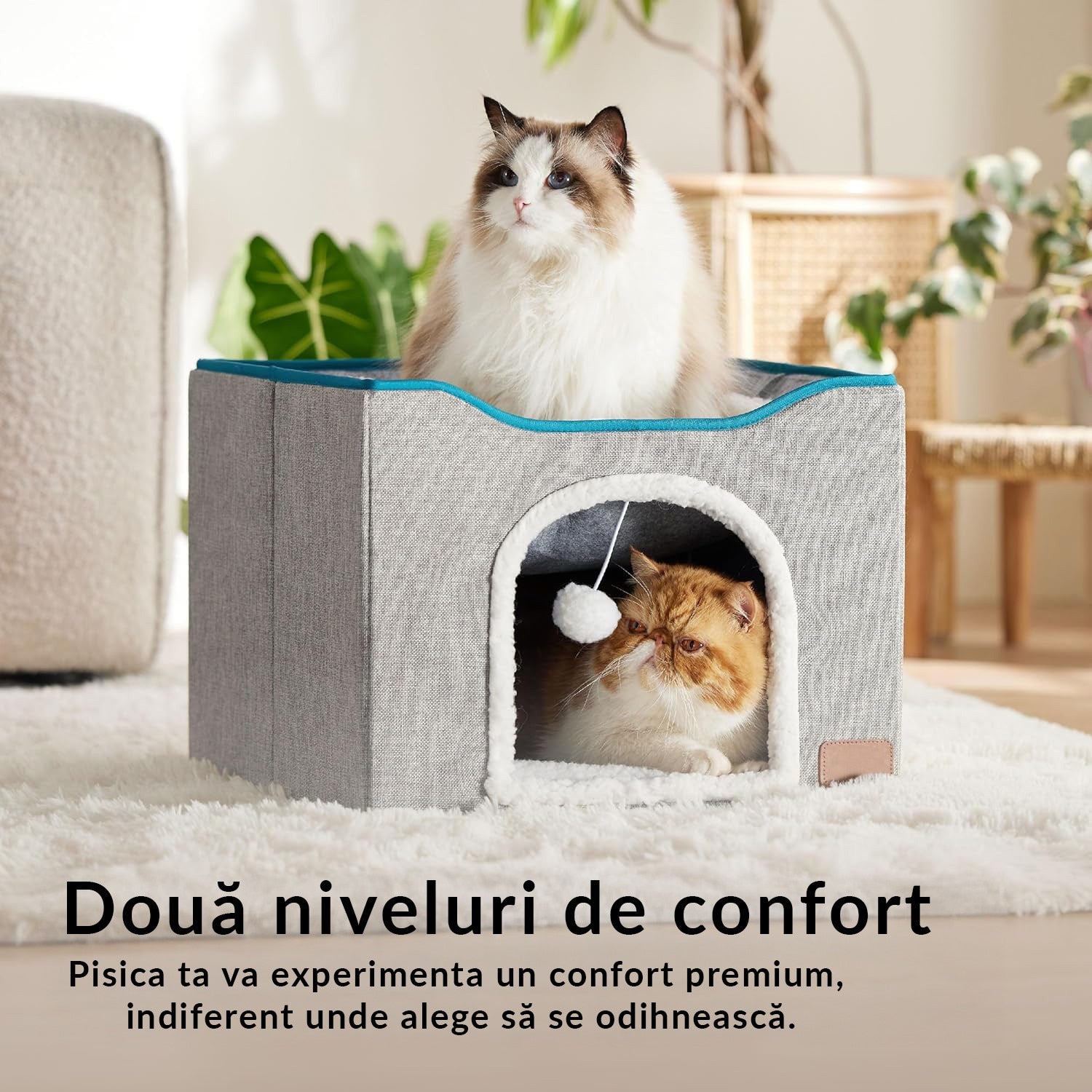Casa pentru pisici NextWave® cu doua zone, bila pufoasa si zona de zgariat, Pliabila, Moale si pufoasa, Respirabila, Usoara – imaginea 3