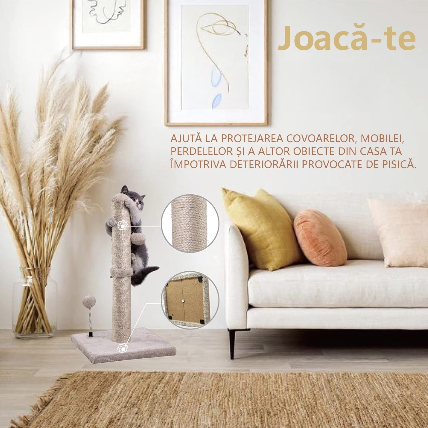 Ansamblu de joaca pentru pisici adulte sau pui NextWave®, Stalp pentru ascutit ghearelor, bila suspendata, confectionat din – imaginea 3
