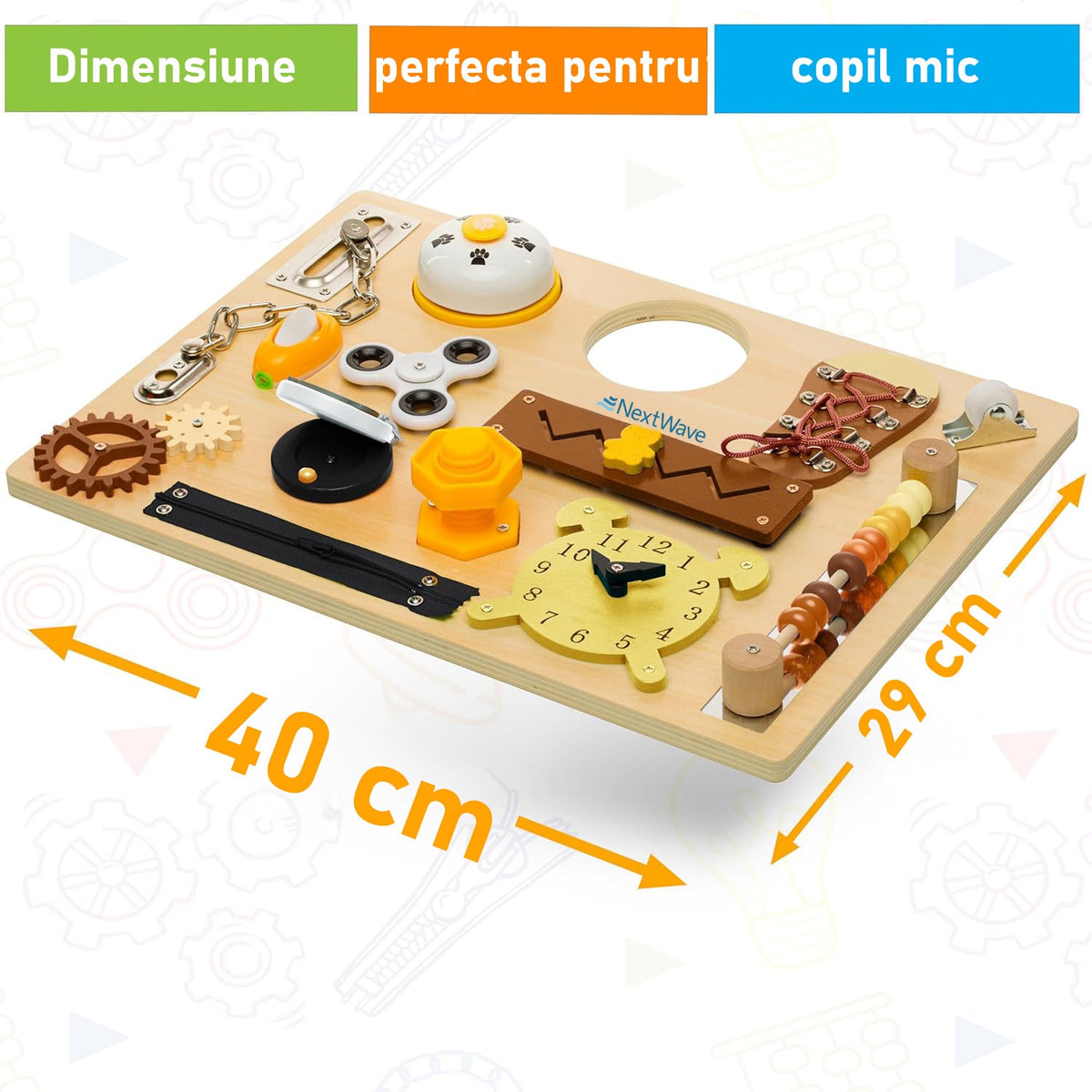 Placa educativa din lemn NextWave® tip Montessori – jucarie senzoriala cu 14 activitati interactive pentru stimularea – imaginea 4