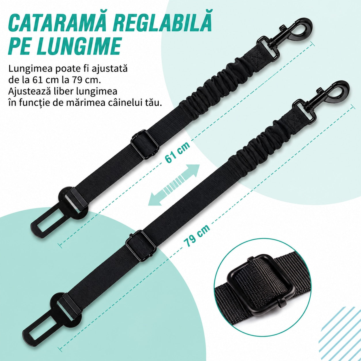 Centura auto NextWave® pentru siguranta cainilor, reglabila 61-79 cm, chinga din nailon rezistent cu cusaturi ranforsate – imaginea 4