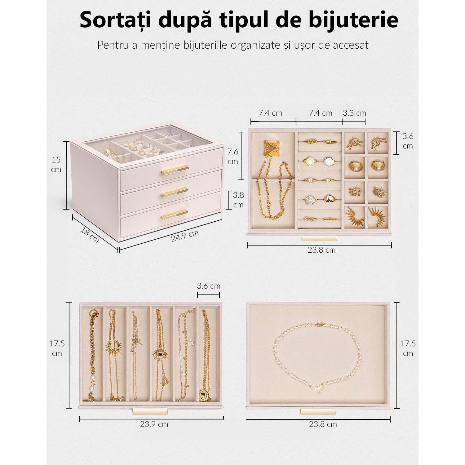 Cutie de bijuterii, organizator cu capac transparent, spatiu de depozitare 3 sertare pentru coliere, inele, cercei – imaginea 4
