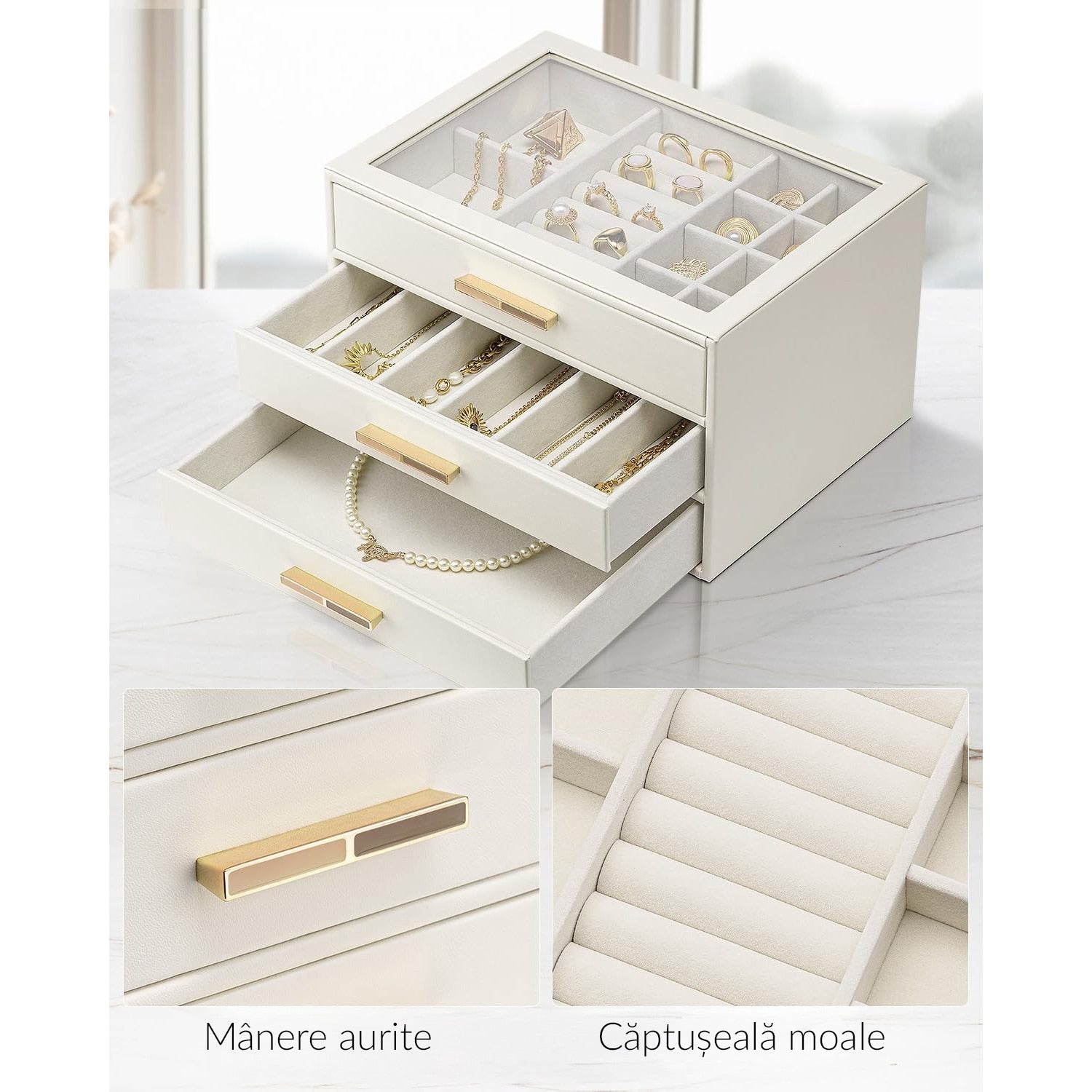 Cutie de bijuterii, organizator cu capac transparent, spatiu de depozitare 3 sertare pentru coliere, inele, cercei – imaginea 4
