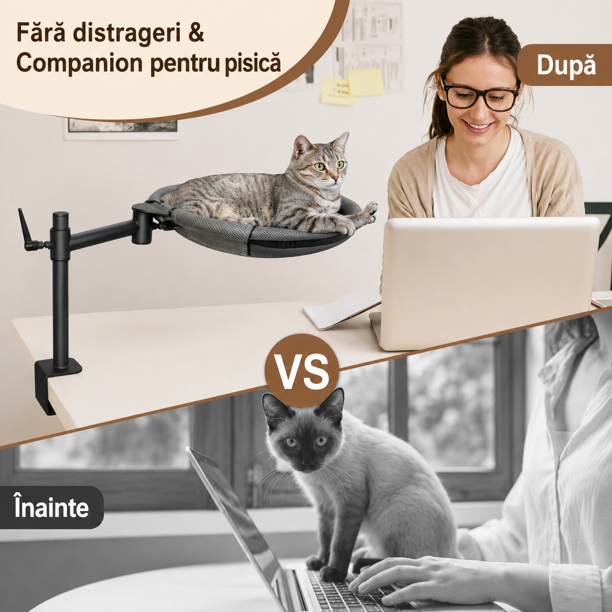 Pat suspendat pentru pisici NextWave®, hamac de birou cu prindere metalica fara gaurire, rotatie dubla la 360°, inaltime – imaginea 4
