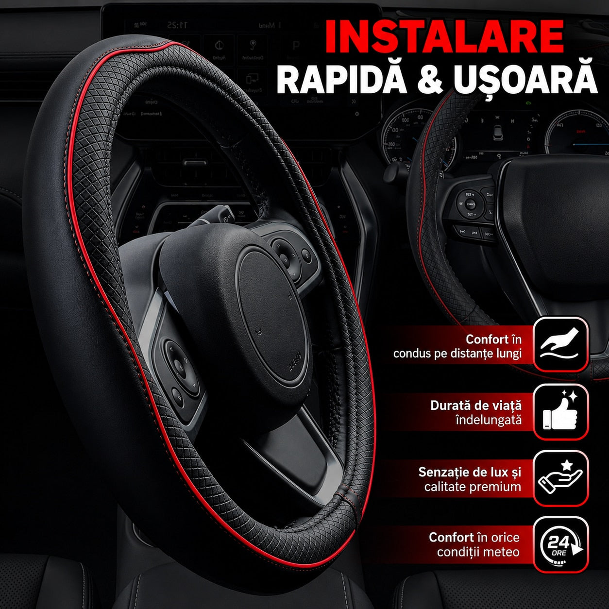 Husa volan auto NextWave®, din piele ecologica din microfibra, interior antiderapant din cauciuc, cusaturi ranforsate – imaginea 4
