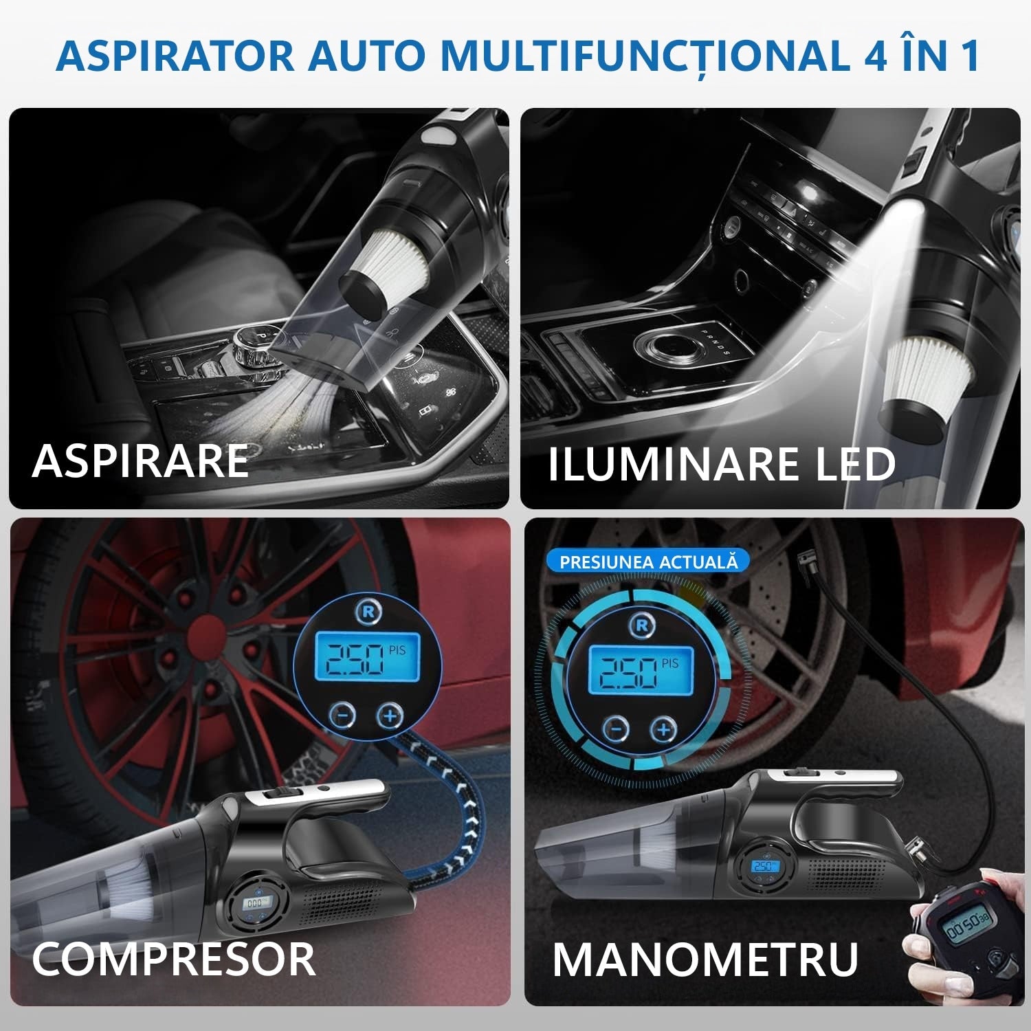 Aspirator Auto si Compresor Portabil Multifunctional cu Acumulator, Functie de Aspirare Umeda si Uscata, Umflare Roti cu – imaginea 4