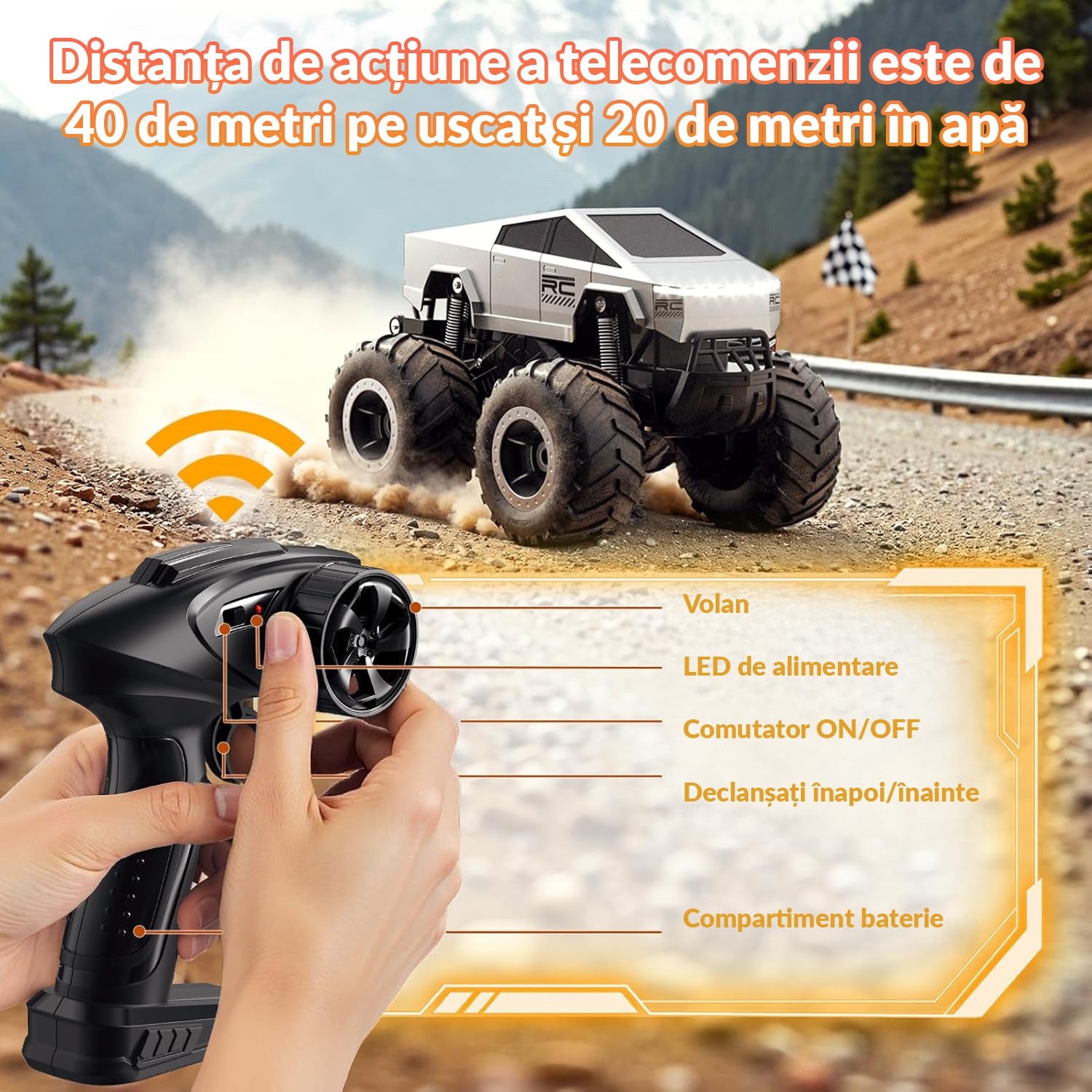 Masina cu telecomanda RC Cybertruck BeGenius®, 4WD Off-Road 1:16, Pentru Toate Tipurile de Teren, 360° Drift, Baterii tip – imaginea 4