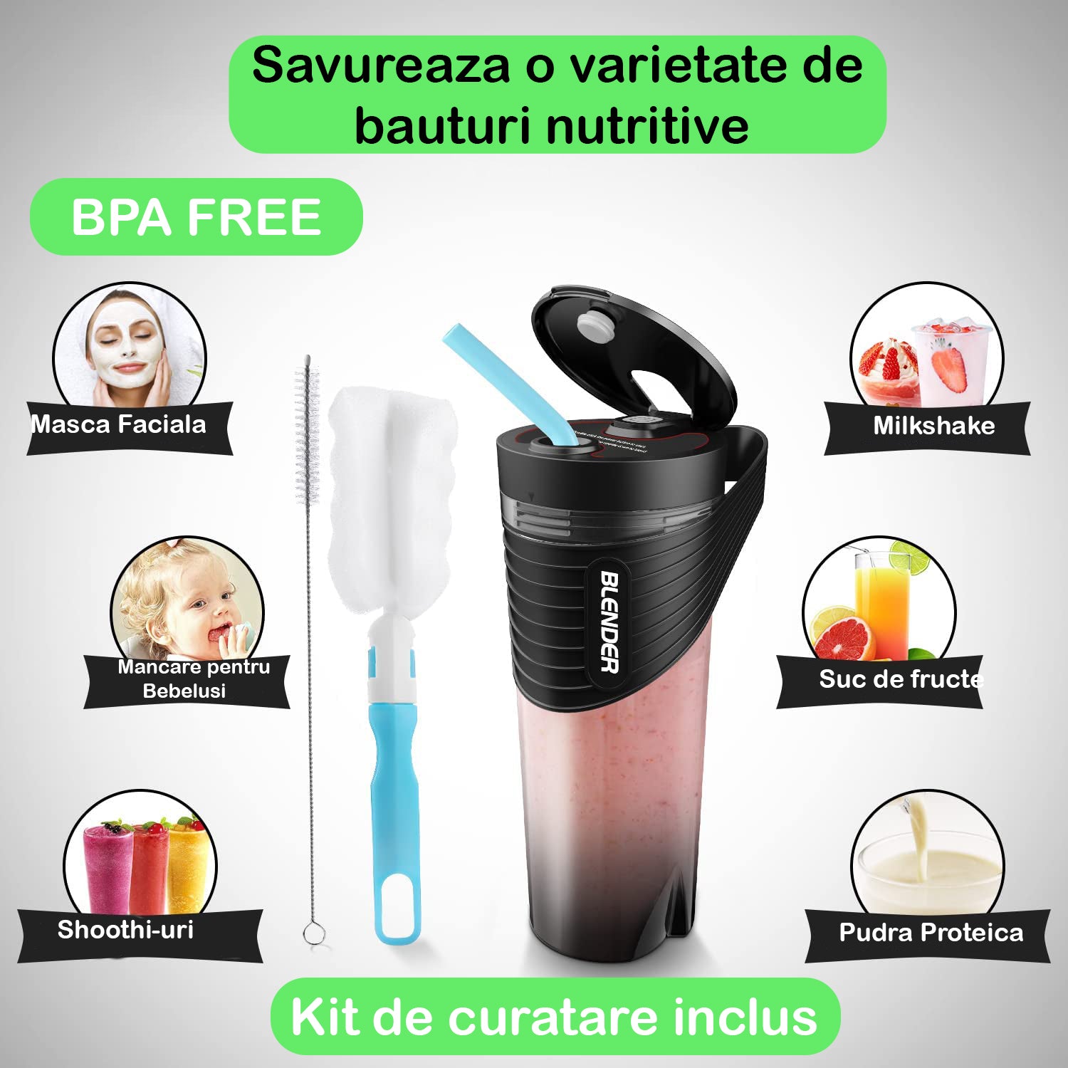 Mini Blender Electric NextWave™, Portabil, Multifunctional, Auto-curatare, Autonomie Mare, Baterie reincarcabila 4000mAh – imaginea 4