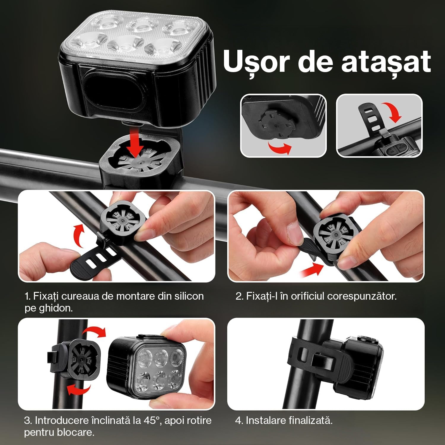 Set lumini bicicleta 25 de LED-uri, far bicicleta fata spate BeGenius®, USB reincarcabil cu acumulator 1100mAh, 4 Moduri de – imaginea 4