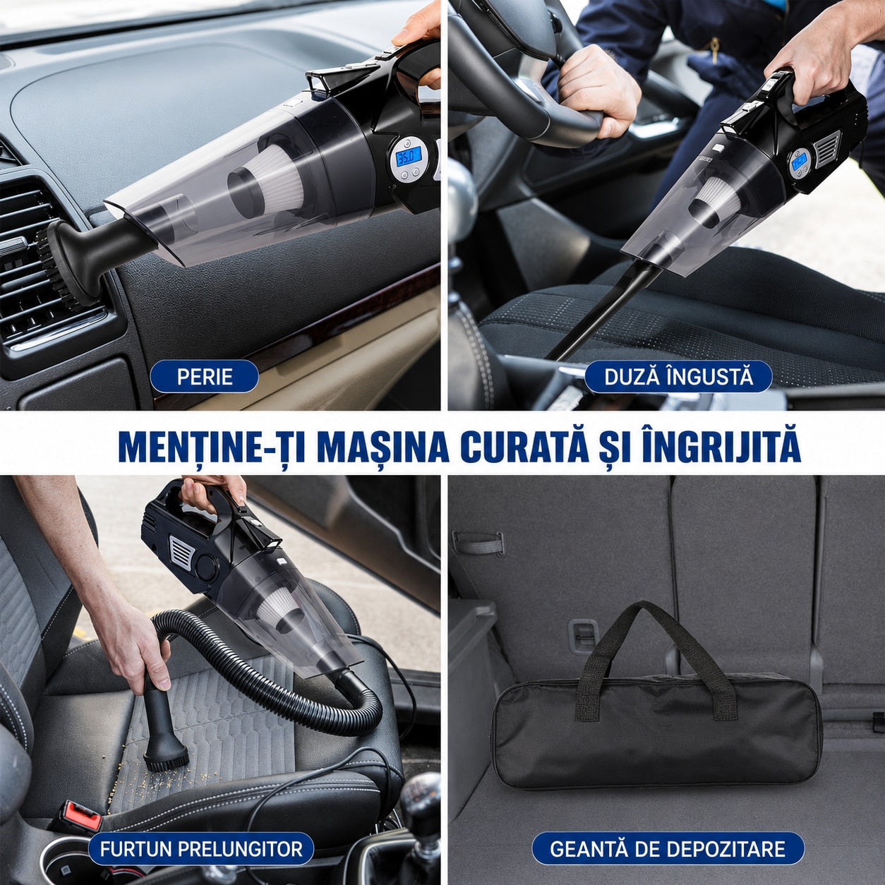 Aspirator Auto Multifunctional NextWave si Compresor Portabil cu Fir, Aspirare Rapida, Umflare Anvelope cu Afisaj pentru – imaginea 4