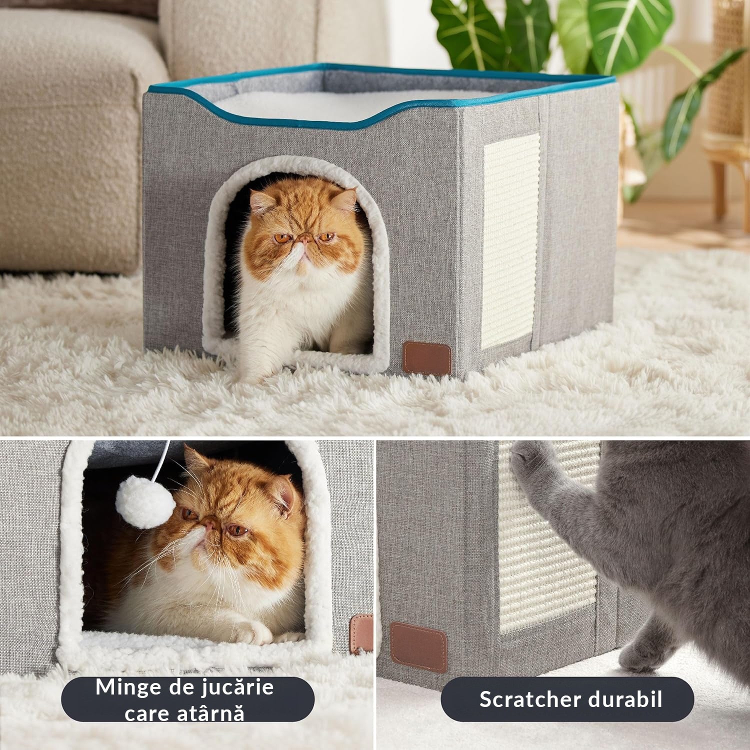 Casa pentru pisici NextWave® cu doua zone, bila pufoasa si zona de zgariat, Pliabila, Moale si pufoasa, Respirabila, Usoara – imaginea 4