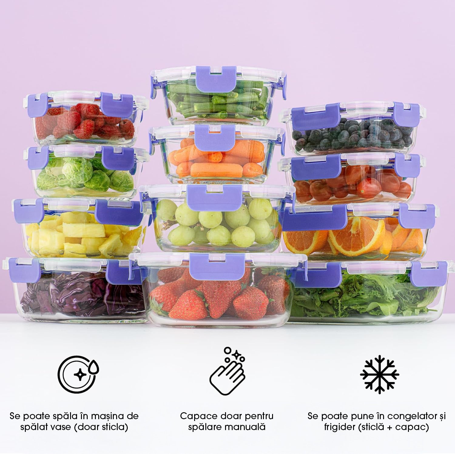 Set 12 Caserole Alimentare din sticla NextWave®️ Capace Etanse, Depozitare Frigider si Congelator, Potrivite pentru – imaginea 4
