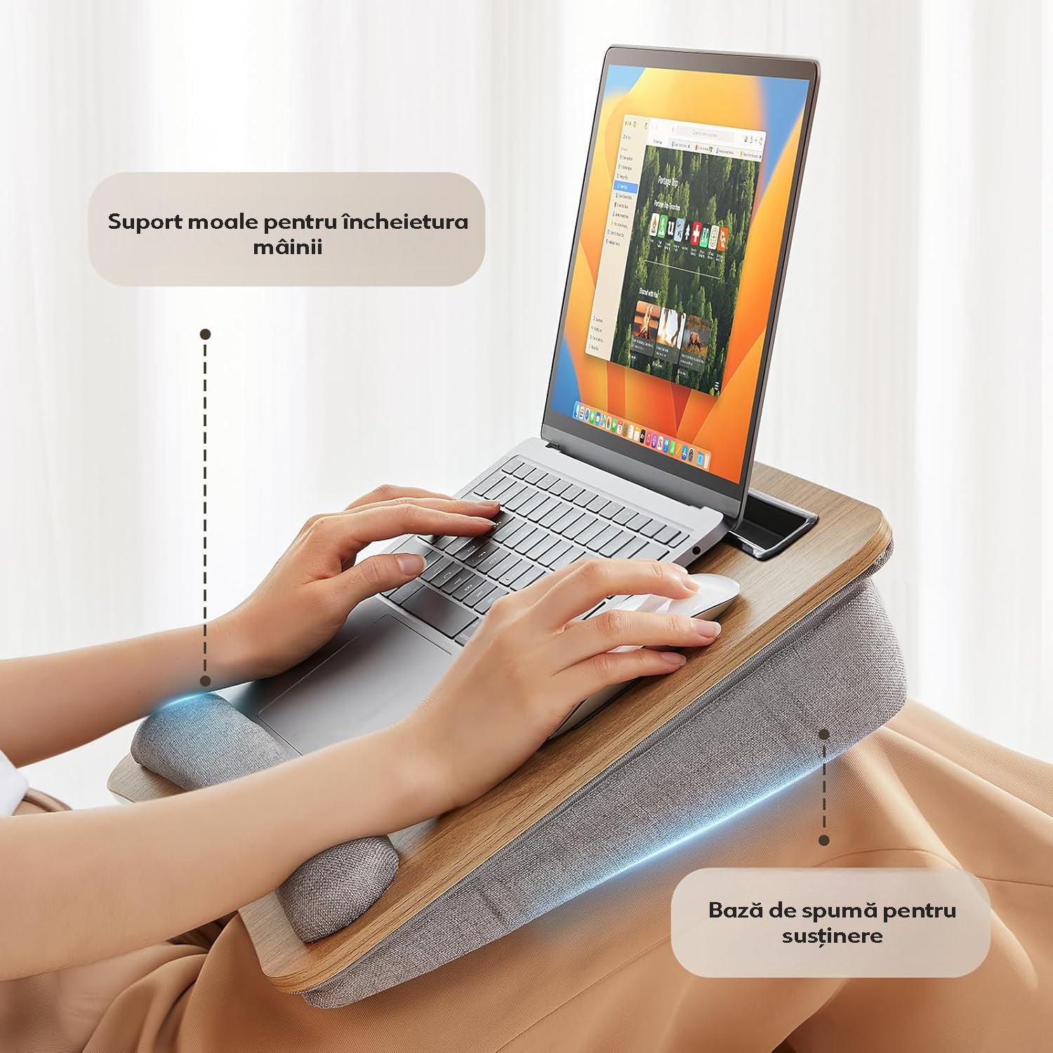 NextWave® Masa Portabila pentru Laptop cu Perna Ergonomica, Suport Telefon, Spatiu pentru Mouse, Suprafata Antiderapanta – imaginea 4