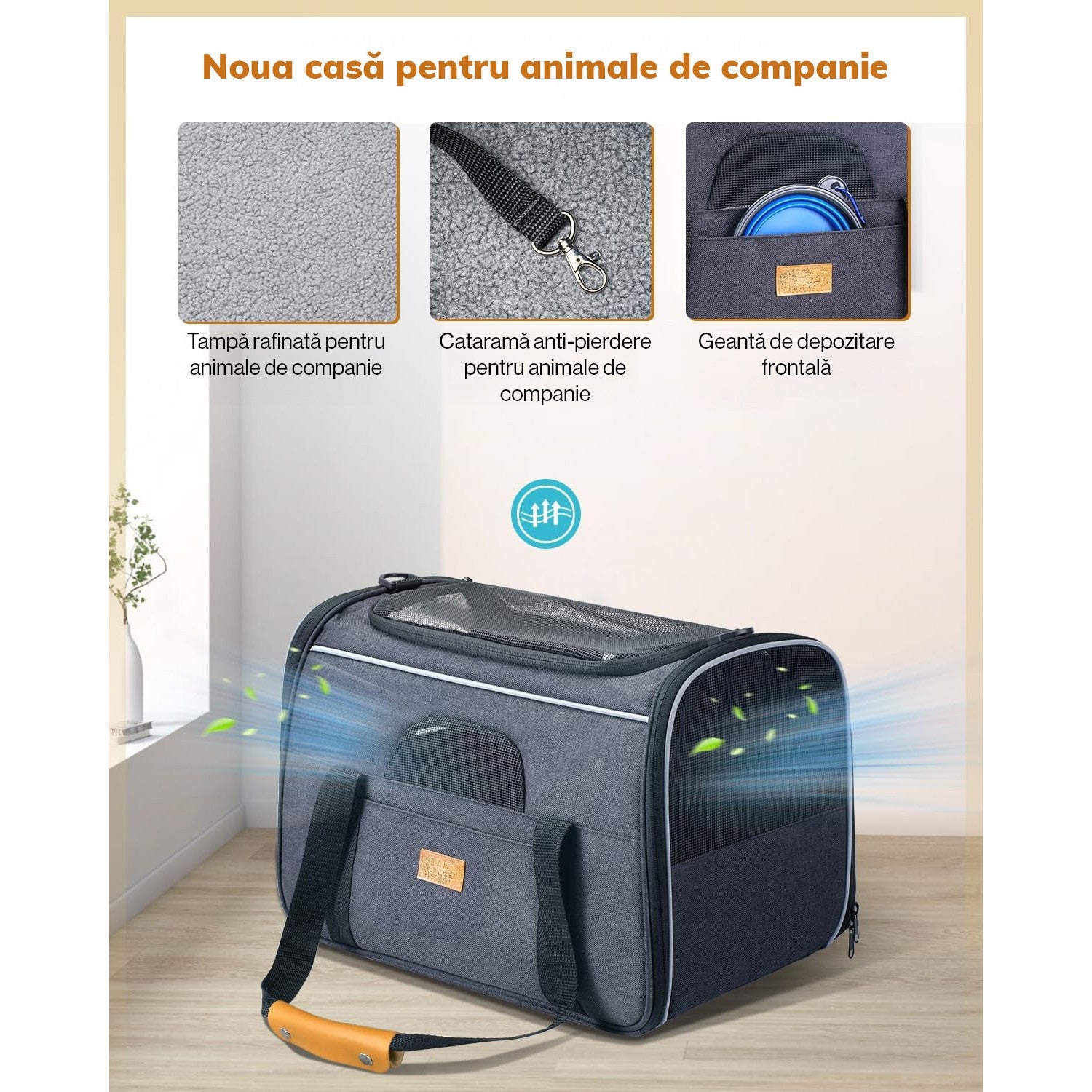 Geanta pentru transport animale mici NextWave®, pisica, caine, iepure, din panza, 45x35x33 cm, Baza rezistenta cu covoras – imaginea 4