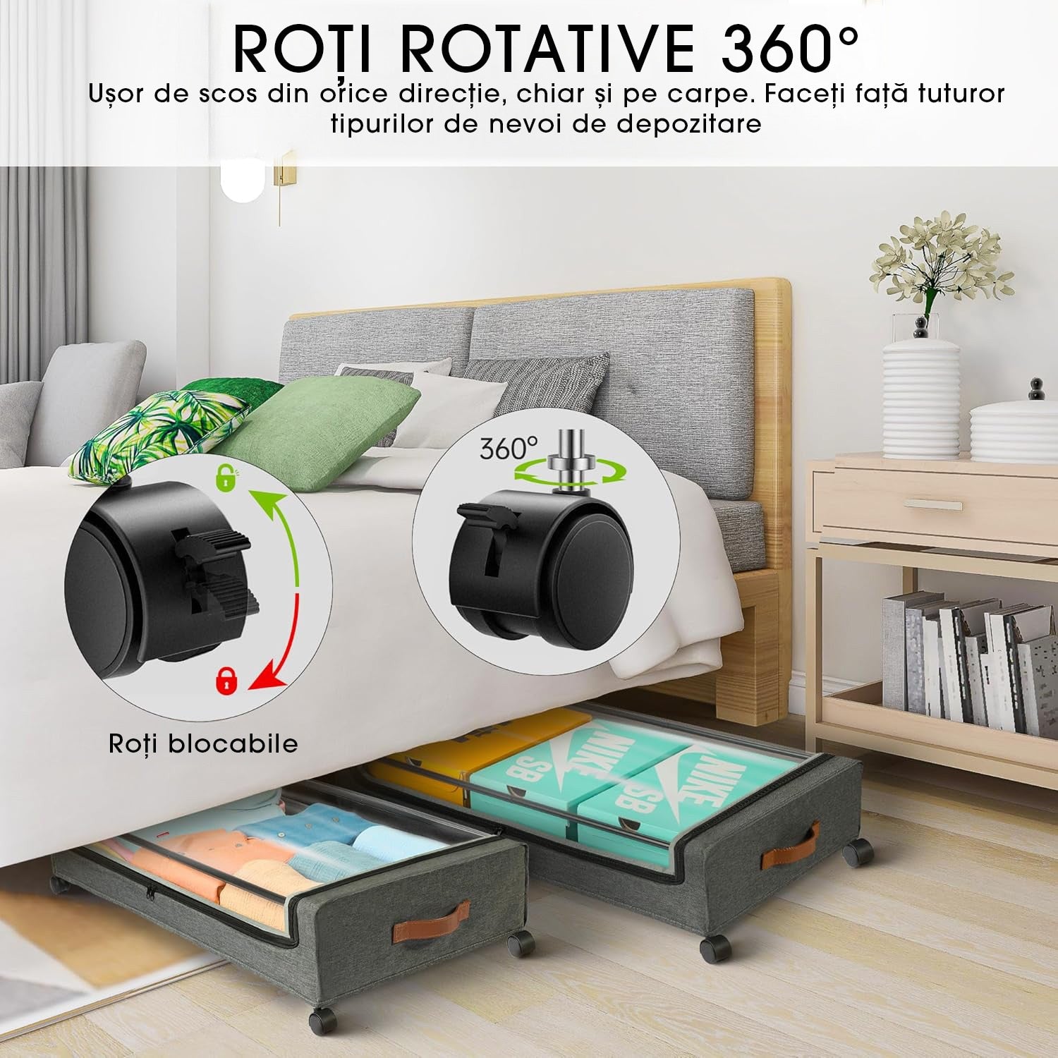 Set de 2 Organizatoare sub pat cu roti NextWave®️, capacitate mare, organizarea pantofilor, hainelor si paturilor – imaginea 4