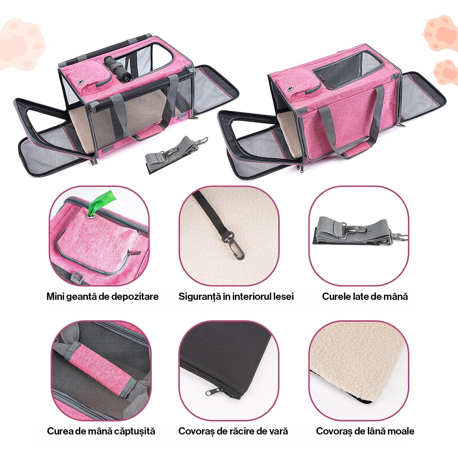Geanta pentru transport animale mici NextWave®, pisica, caine, iepure, din panza, 46x30x30, Baza rezistenta cu covoras, Usor – imaginea 4