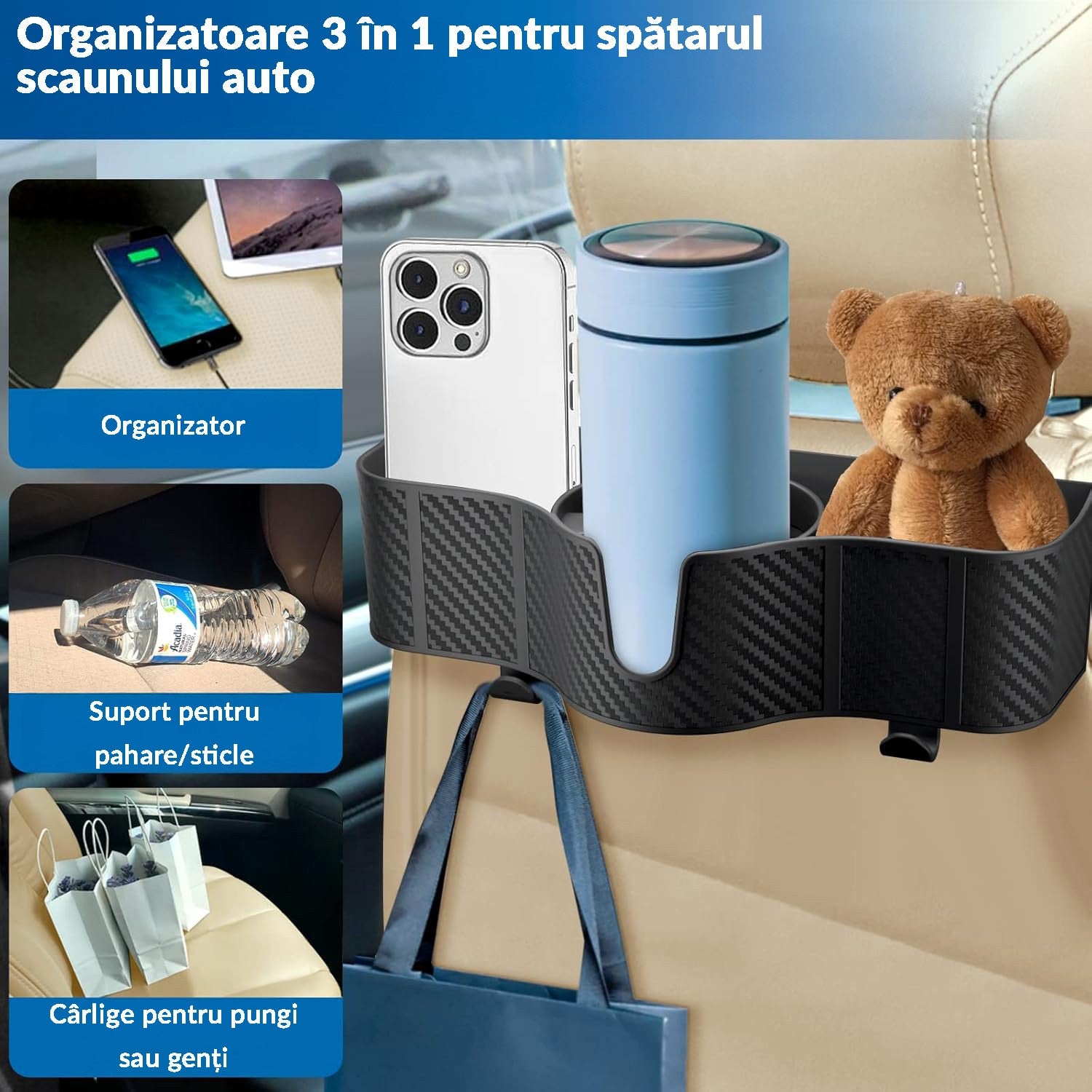Set 2 Organizatoare Auto Spate NextWave®, 3-in-1 cu Suport Pahar, Depozitare Accesorii, Carlige Reglabile, Plastic Durabil – imaginea 4