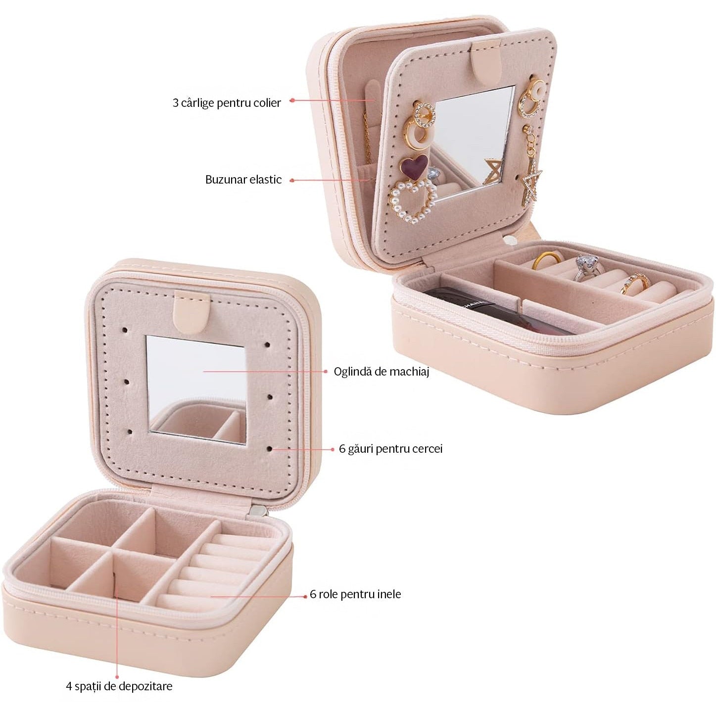 Cutie bijuterii NextWave® portabila din piele ecologica, design modern cu oglinda integrata si compartimente – imaginea 4