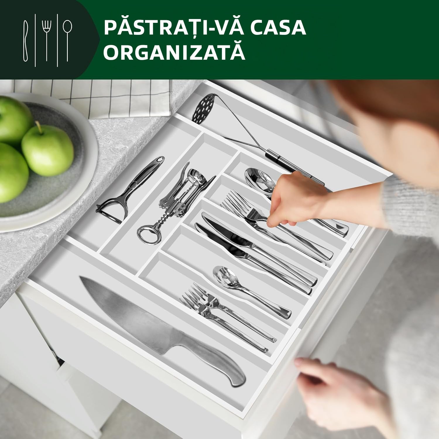 Organizator extensibil pentru tacamuri si ustensile NextWave® – bambus natural lacuit, finisaj negru elegant, 9 – imaginea 4
