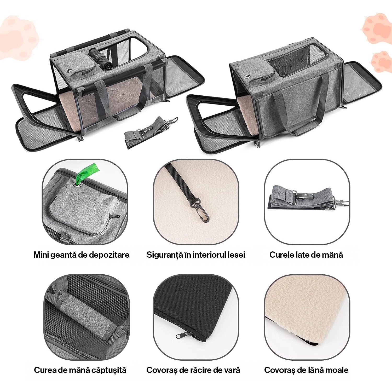 Geanta pentru transport animale mici NextWave®, pisica, caine, iepure, din panza, 46x30x30, Baza rezistenta cu covoras, Usor – imaginea 4