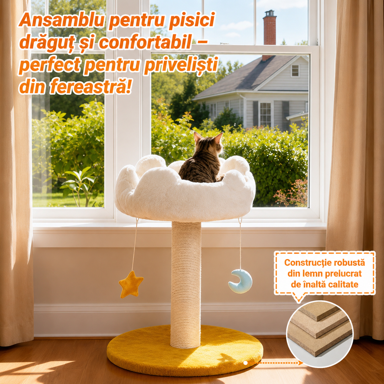 Ansamblu de joaca pentru pisici NextWave®, cu pat moale in forma de nor si husa detasabila lavabila, stalp de zgariat din – imaginea 4