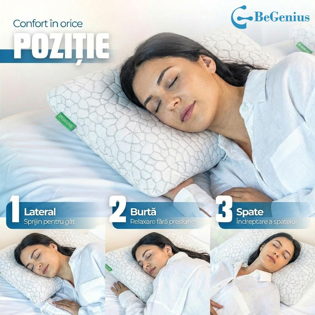 Perna ortopedica pentru dormit din spuma cu memorie cu gel BeGenius, Husa detasabila, ergonomica ventilata pentru Gat si – imaginea 4
