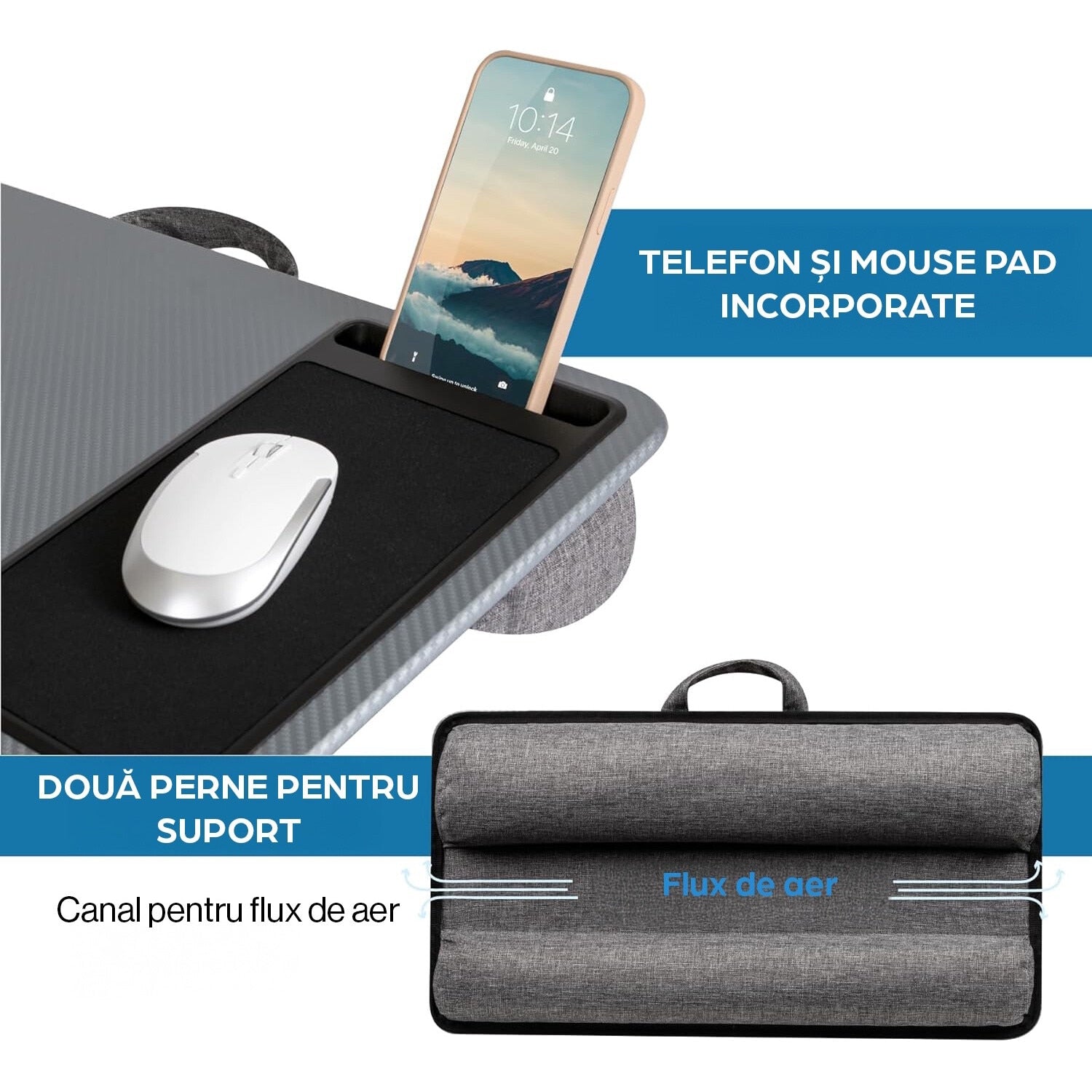 Masa laptop pentru poala NextWave®️ cu mouse pad, suport telefon, perna dubla, pentru pat, birou, canapea, masina, greutate – imaginea 4