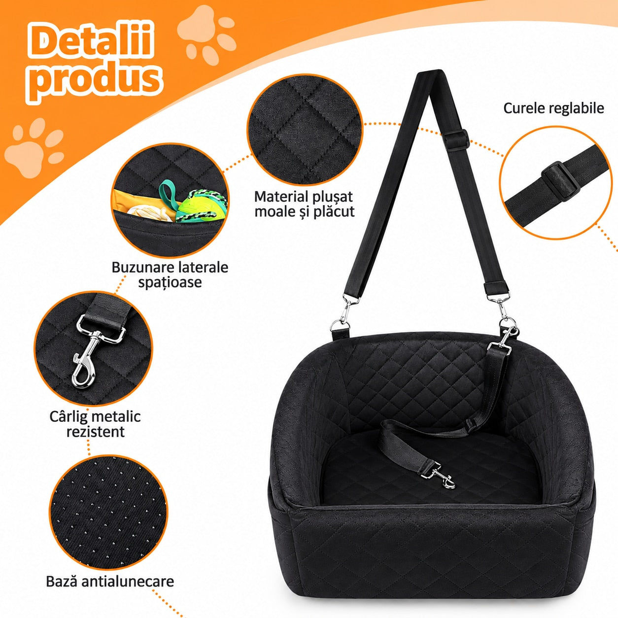 Scaun auto pentru caini NextWave®, detasabil si lavabil, pentru animale de pana la 13,6 kg, cu centura de siguranta, curele – imaginea 4