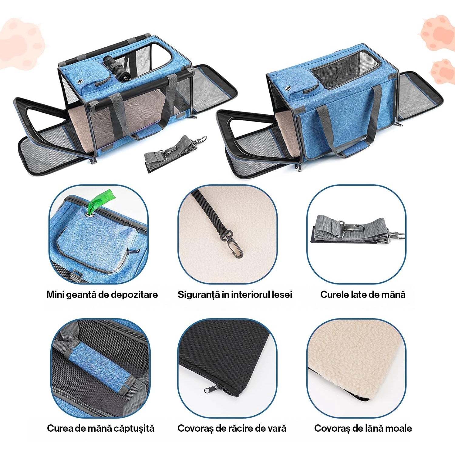 Geanta pentru transport animale mici NextWave®, pisica, caine, iepure, din panza, 46x30x30, Baza rezistenta cu covoras, Usor – imaginea 4