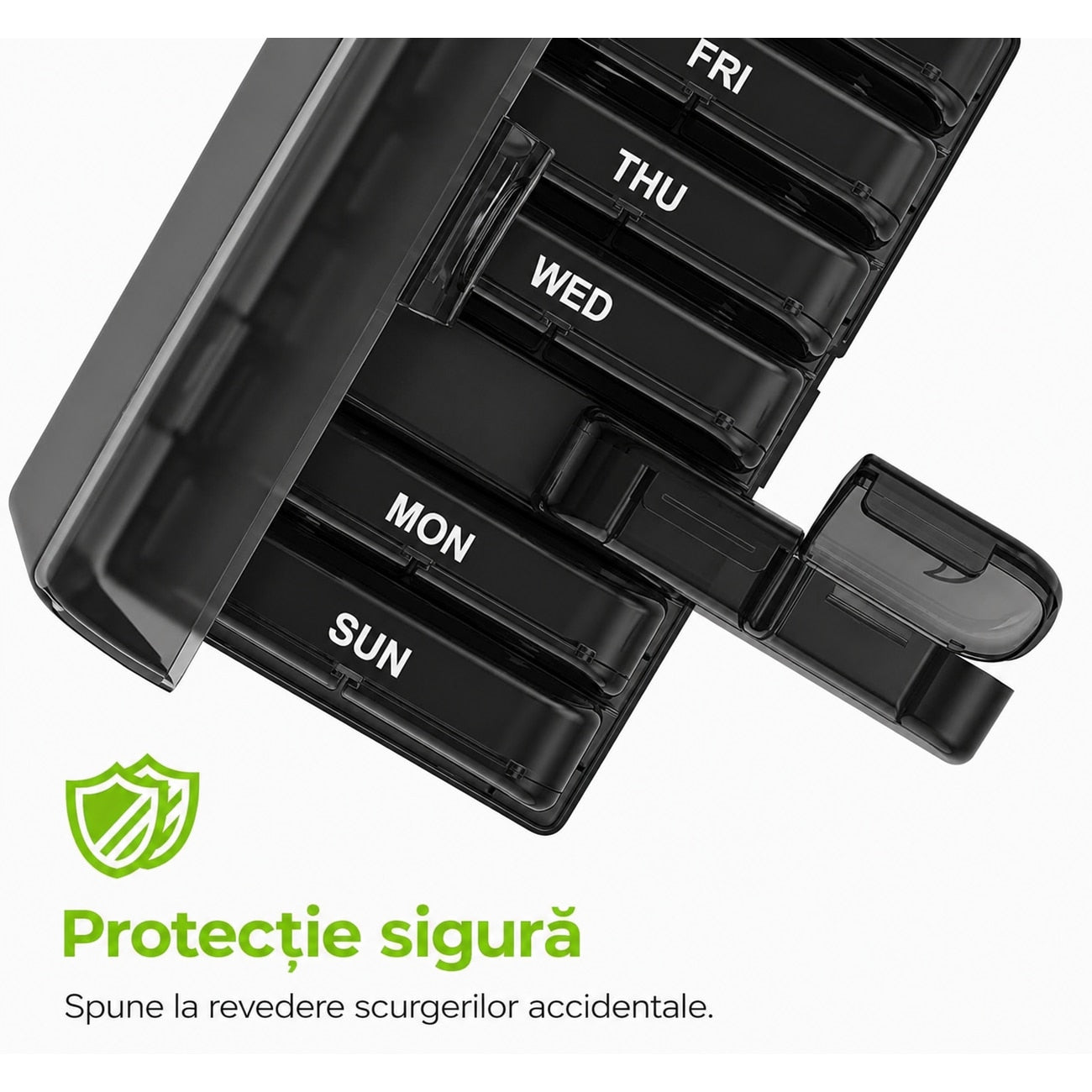 Organizator medicamente NextWave®, cutie saptamanala cu 7 recipiente detasabile si 14 compartimente AM/PM, deschidere la – imaginea 4