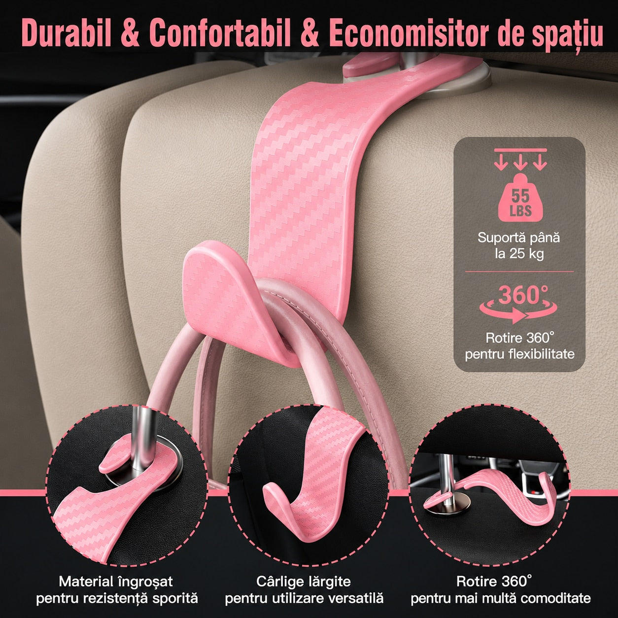 Set 4 Carlige Auto pentru Tetiera NextWave®, Organizator Universal Scaun Masina, Suport pentru Genti, Plase, Posete, Haine – imaginea 4
