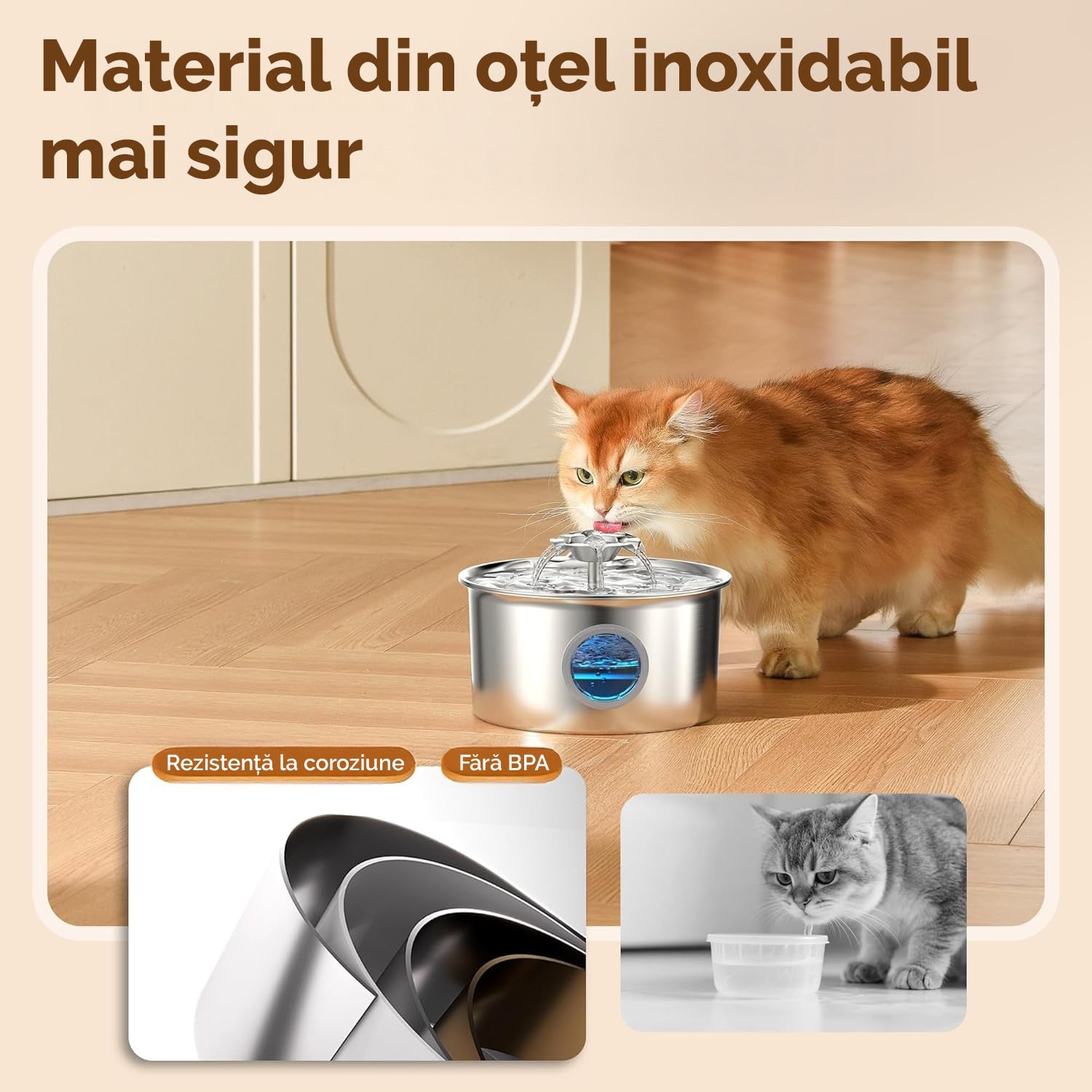 Fantana Apa Pisici si Caini NextWave®, Dispenser Automat din Otel Inoxidabil, Capacitate 2.6L, Fereastra Nivel Apa, Jet – imaginea 4