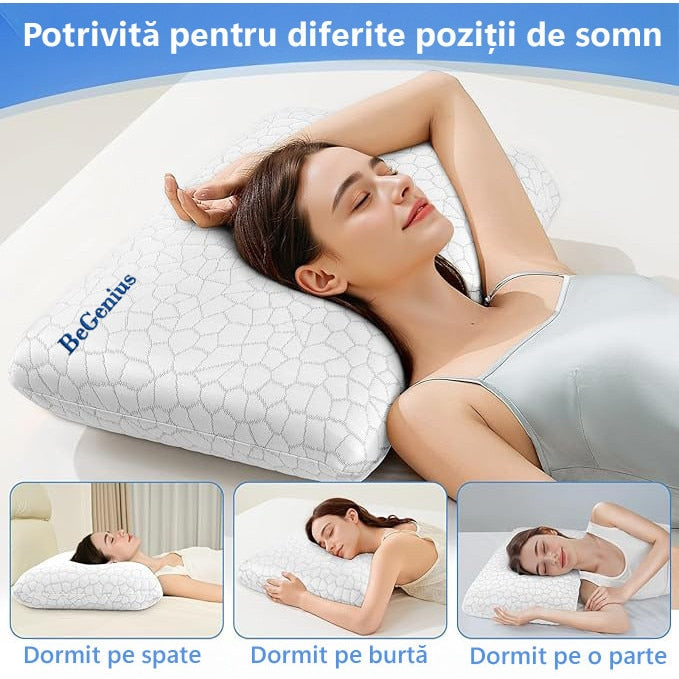 Perna ortopedica din spuma cu memorie cu gel BeGenius, Husa detasabila cu 2 zone termice, ergonomica ventilata pentru Gat si – imaginea 4