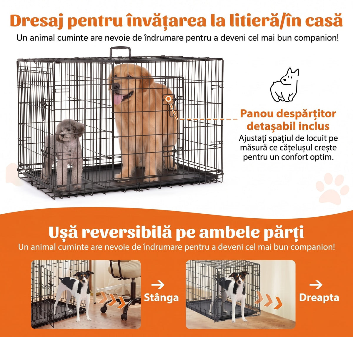 Cușcă pliabilă pentru câini NextWave®️, 2 uși cu zăvoare glisante sigure, panou despărțitor inclus, tăviță etanșă – imaginea 4