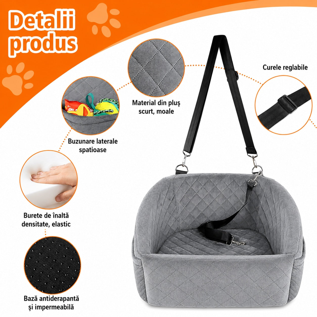 Scaun auto pentru caini NextWave®, detasabil si lavabil, pentru animale de pana la 13, 6 kg, cu centura de siguranta, curele – imaginea 4