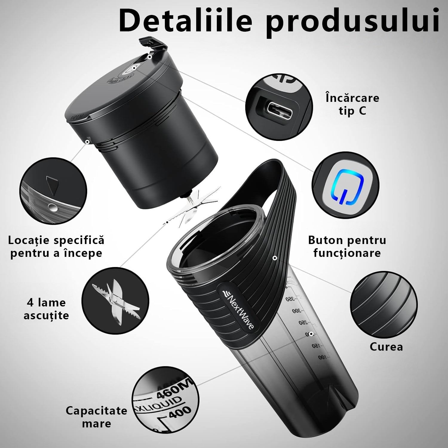 Blender electric portabilMini Blender Electric NextWave™, Portabil, Multifunctional, Auto-curatare, Autonomie Mare, Baterie – imaginea 4