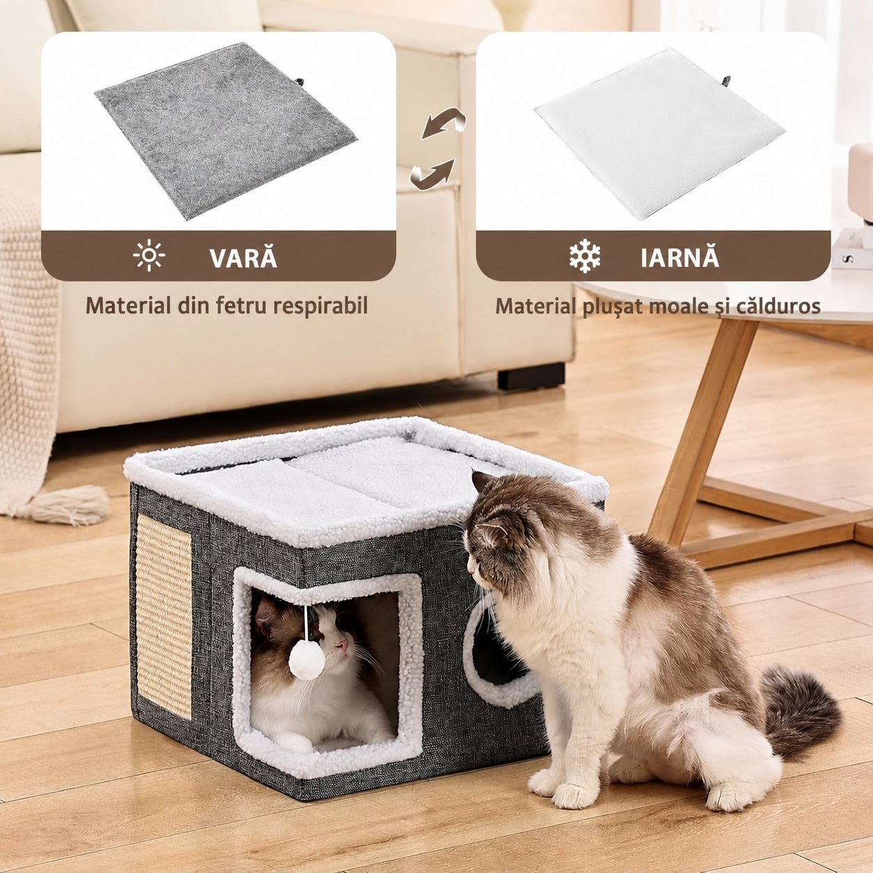 Casa Pisici NextWave®, Casuta Pliabila Tip Pestera, Pat Interior cu Platforma Superioara, Ansamblu de Zgariat Sisal, Minge – imaginea 4