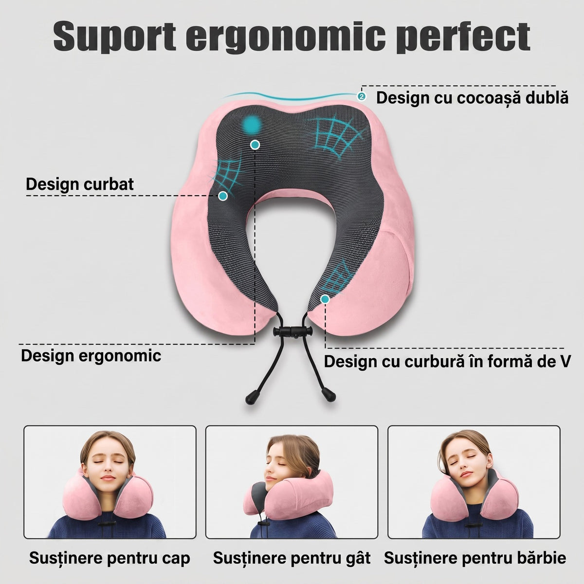 Pernă de călătorie pentru gât NextWave®️, suport cervical ergonomic în formă de U, șnur reglabil, husă lavabilă din velur – imaginea 4