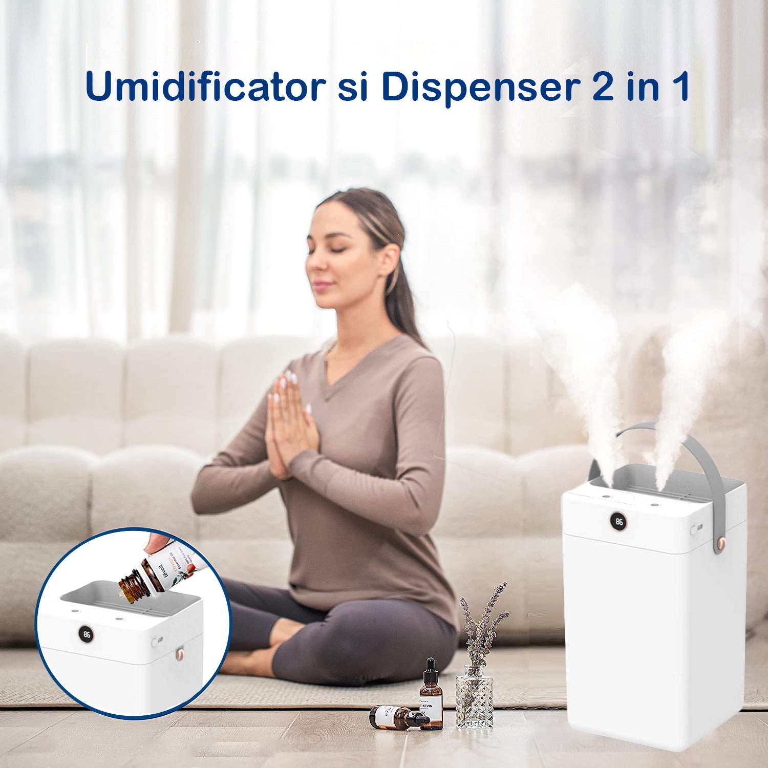 Umidificator de aer Ultrasonic NextWave® cu 2 Difuzoare aromaterapie, rezervor 3L, display umiditate, pentru Casa si Birou – imaginea 4