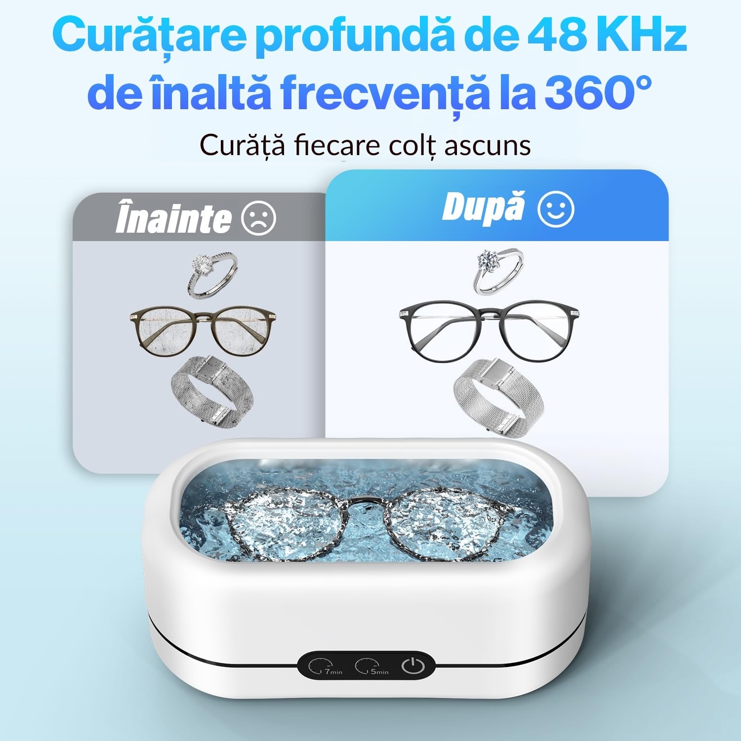 Sterilizator Ultrasonic Profesional 48kHz pentru bijuterii, Proteze, Ochelari, Ceasuri, Monede, Sticla, 2 moduri de – imaginea 4