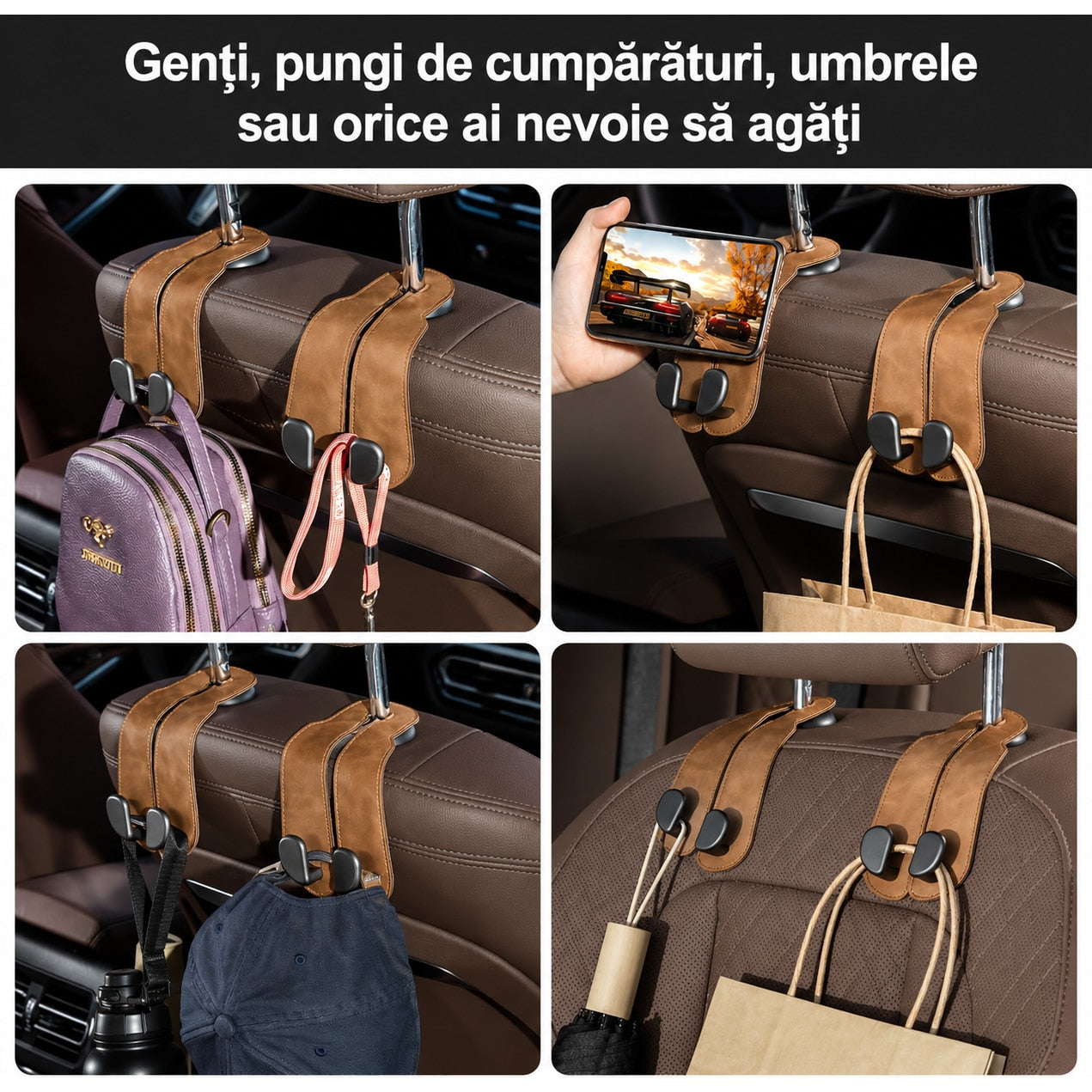 Set 2 carlige auto duble pentru tetiera NextWave®, pentru genti, sacose, haine si accesorii, aliaj de aluminiu-magneziu cu – imaginea 4