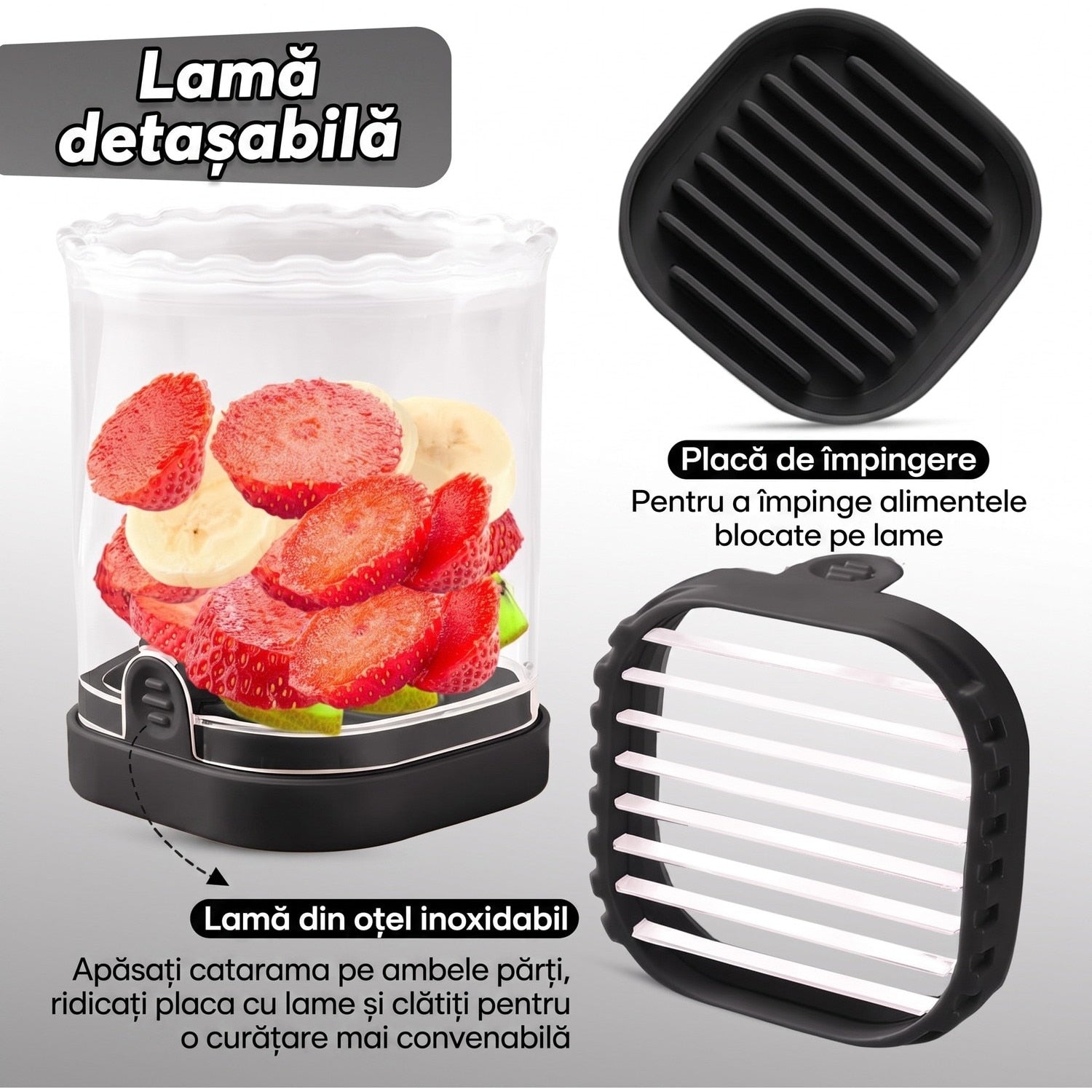 Feliator pentru fructe si capsuni NextWave®️, taiere rapida si uniforma in 8 felii, baza cu placa de impingere, lama – imaginea 4