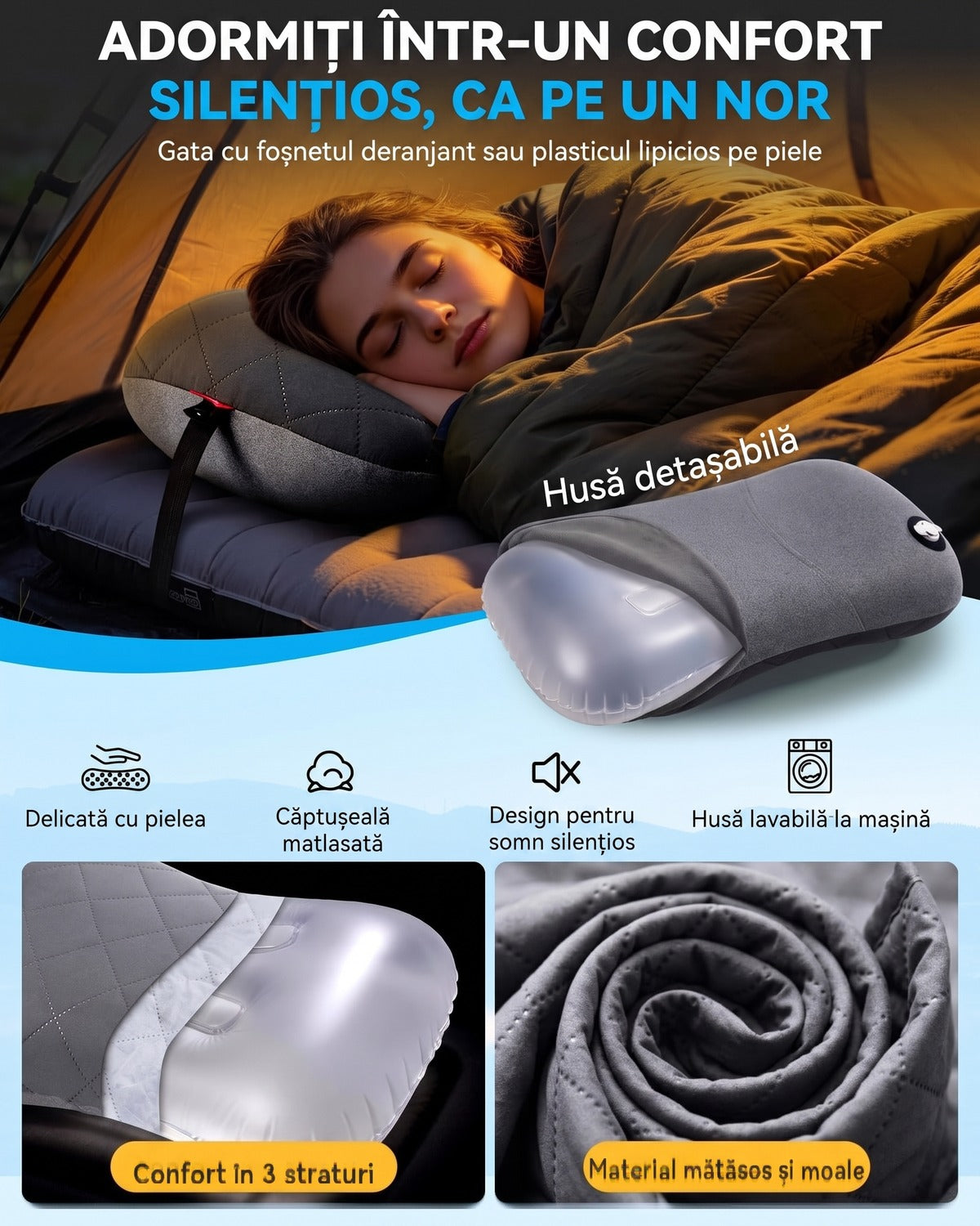 Pernă gonflabilă de camping NextWave®️, suport cervical ergonomic, supapă One-Click de umflare rapidă, bandă elastică – imaginea 4