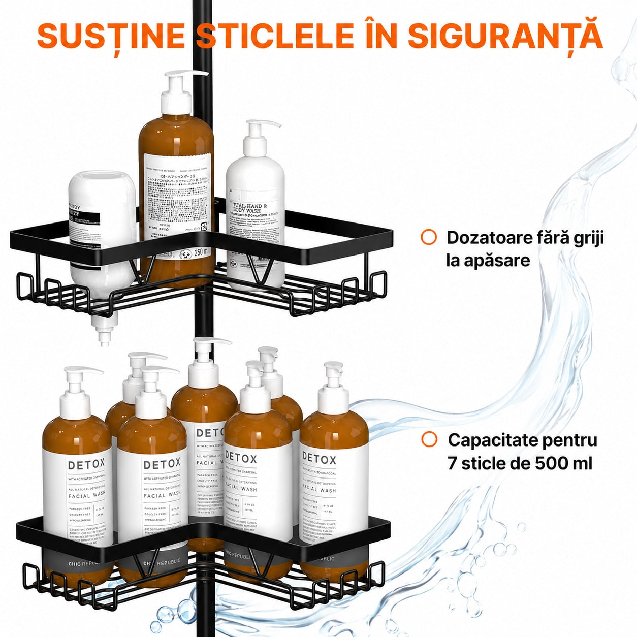 Raft de baie NextWave®, raft de colt telescopic reglabil 64–290 cm, cu 4 rafturi ajustabile, carlige pentru accesorii – imaginea 4