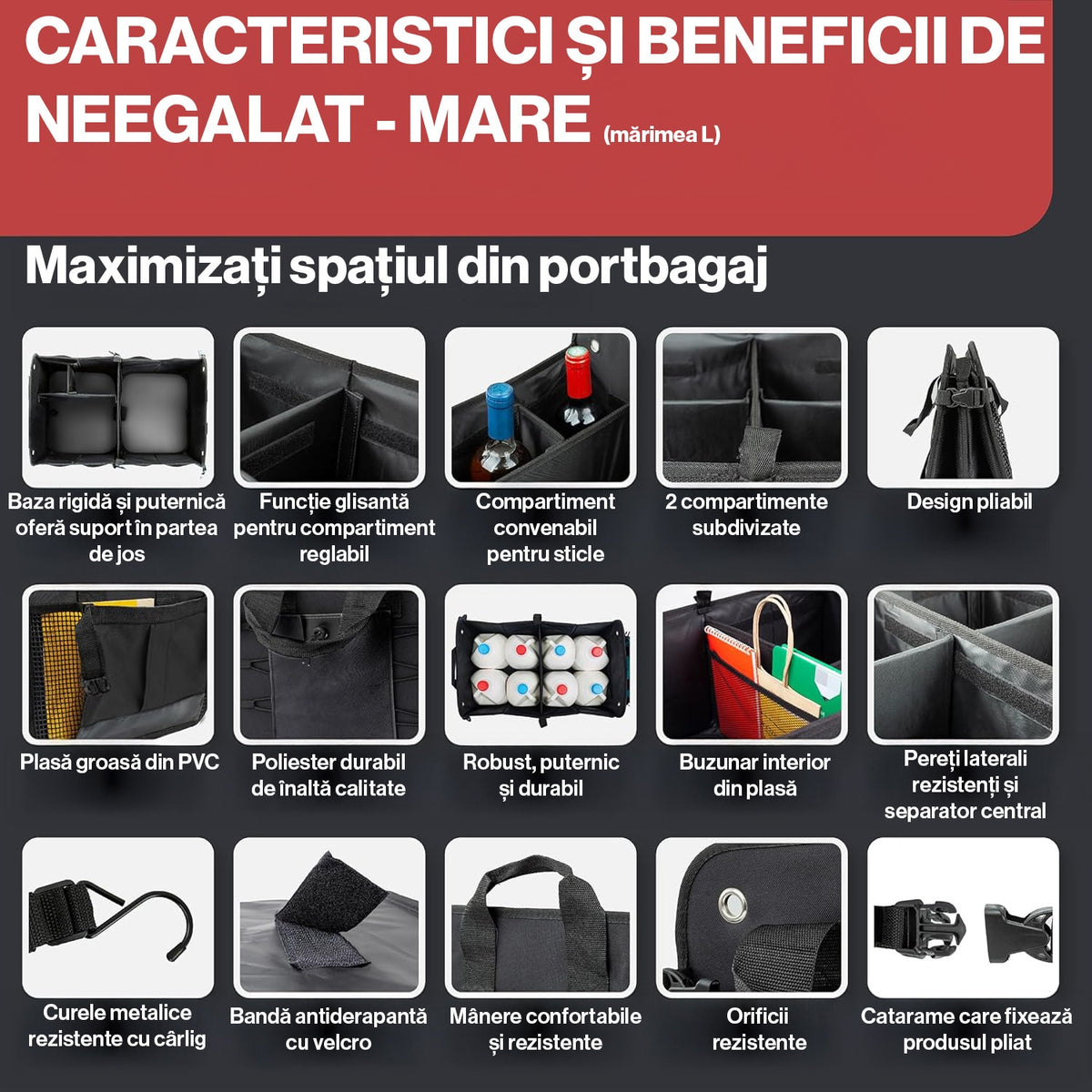 Organizator portbagaj auto pliabil NextWave®️ L, compartimentare personalizabila cu subdivizor detasabil, 2 buzunare mari – imaginea 4