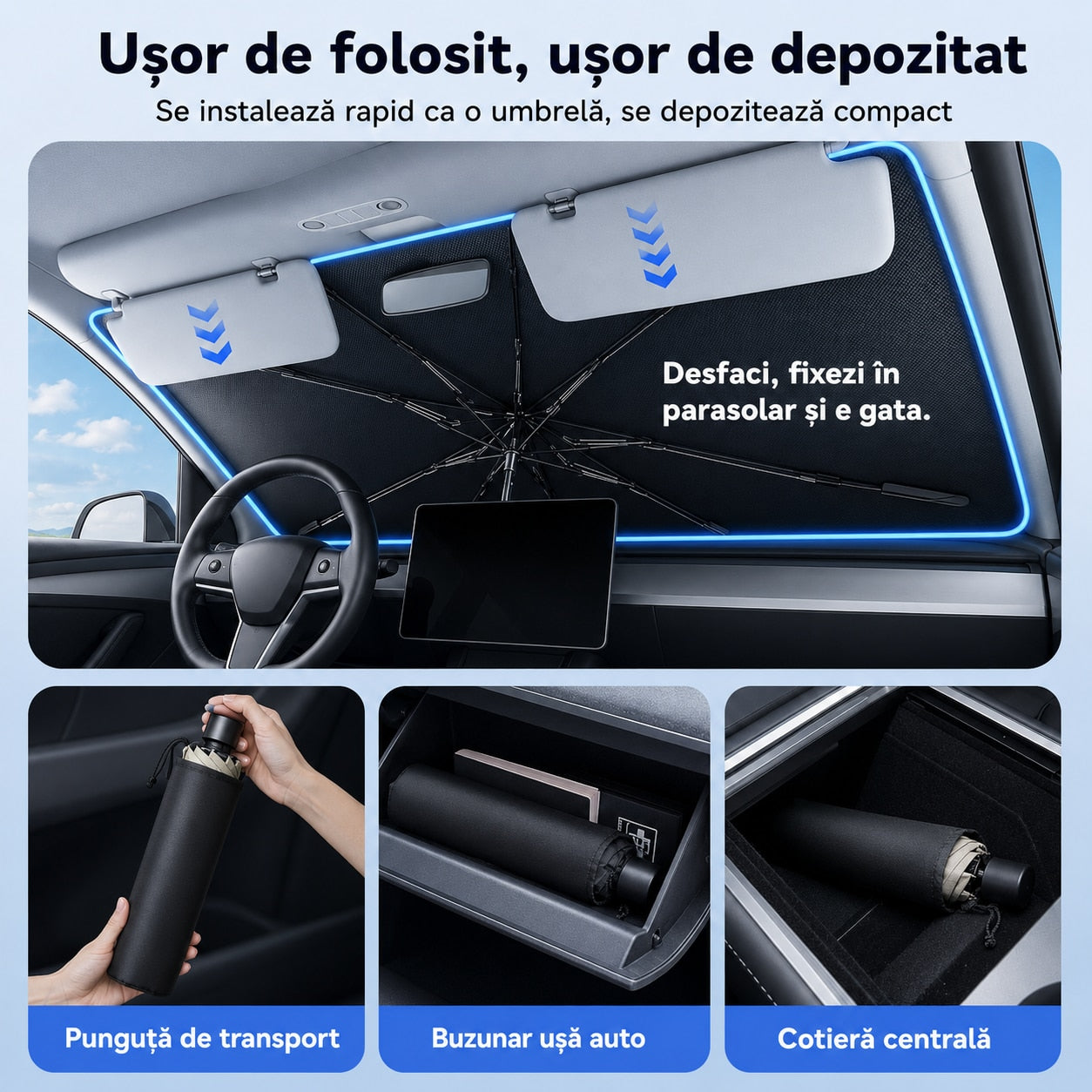 Parasolar auto NextWave® tip umbrela pentru parbriz, material reflectorizant 240T cu strat de racire, protectie UV si – imaginea 4
